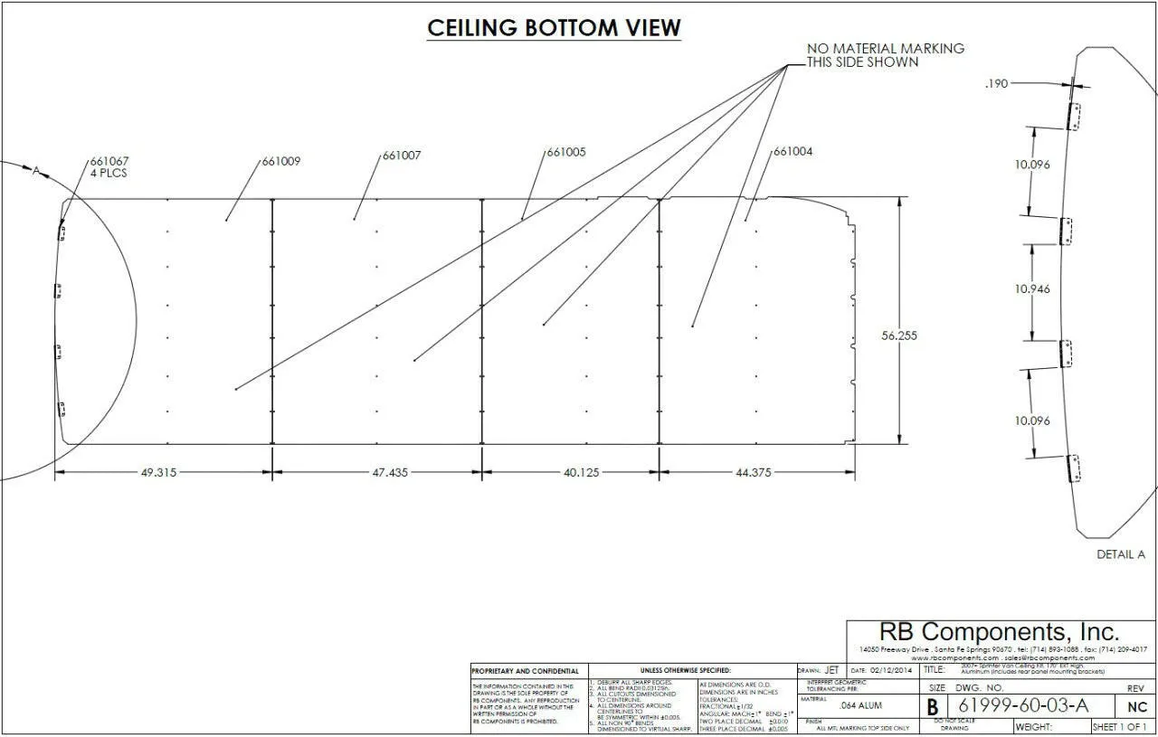 07  SPRINTER VAN CEILING LINER KIT, 170"WB EXT PLYWOOD