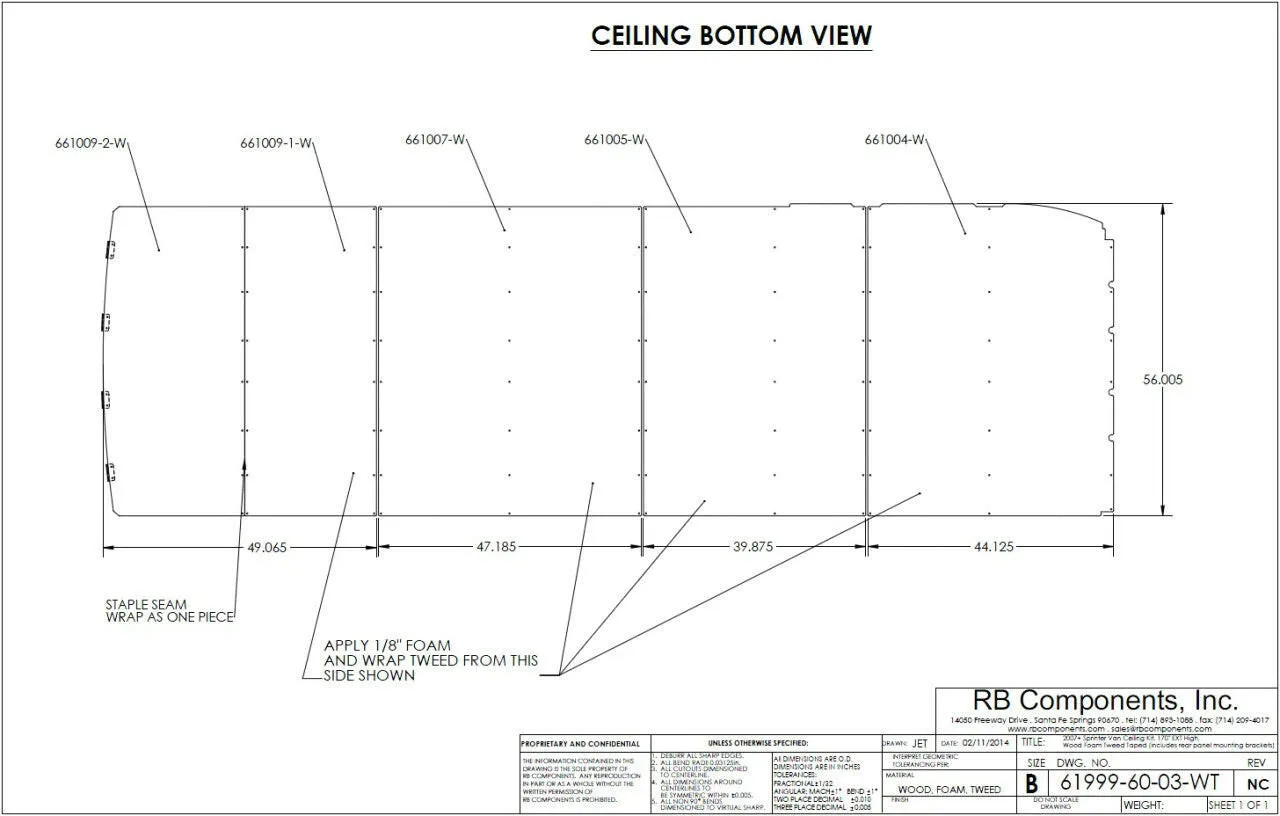 07  SPRINTER VAN CEILING LINER KIT, 170"WB EXT PLYWOOD