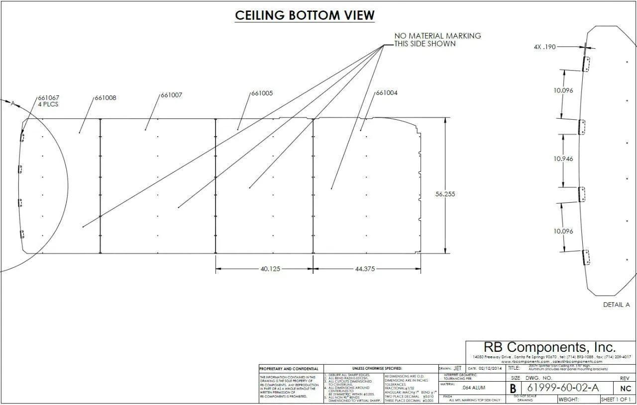 07  SPRINTER VAN CEILING LINER KIT, 170"WB PLYWOOD