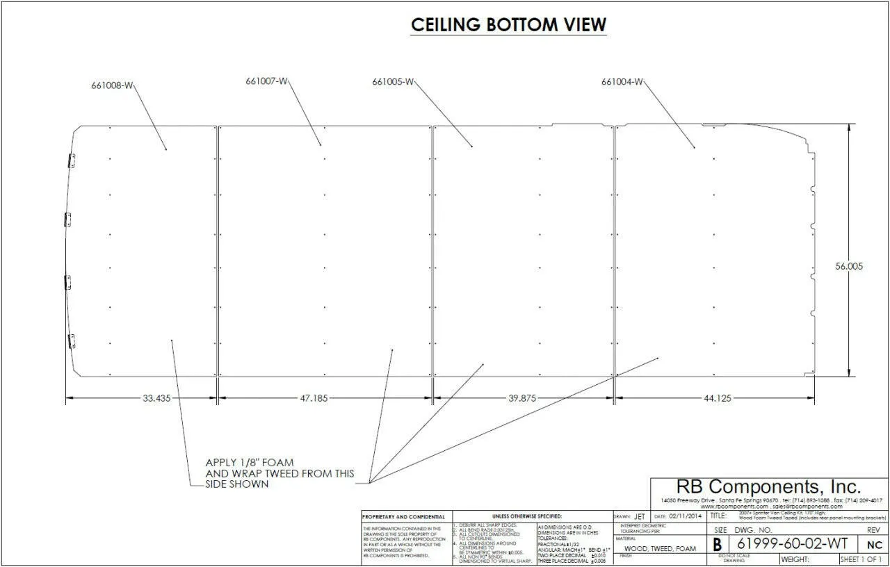 07  SPRINTER VAN CEILING LINER KIT, 170"WB PLYWOOD