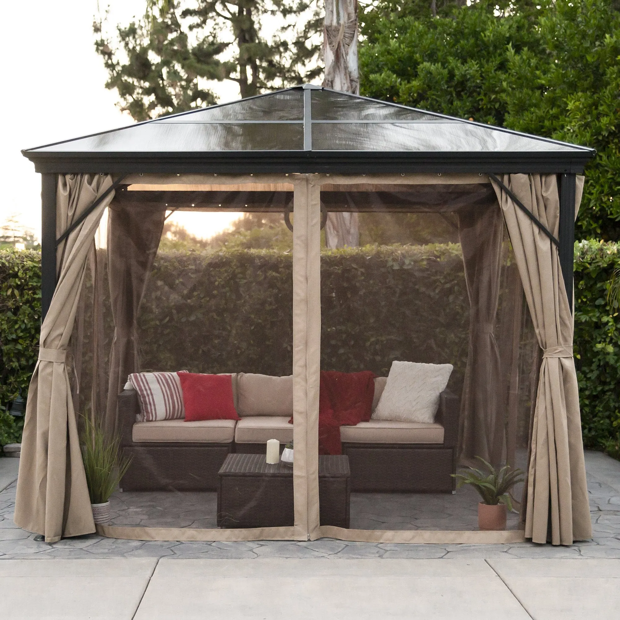 10x10ft Outdoor Aluminum Frame Hardtop Gazebo w/ Side Curtains, Bug Nets