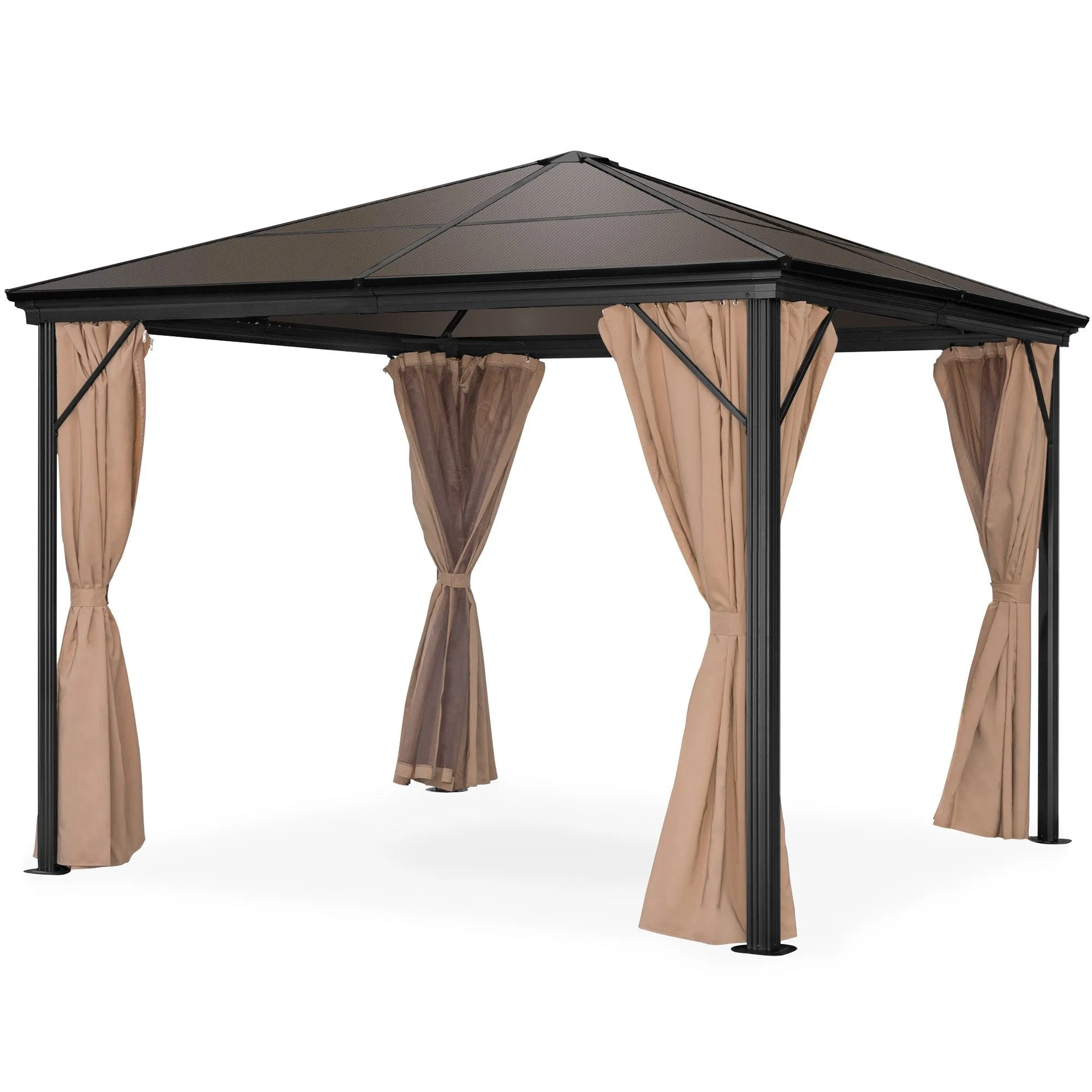 10x10ft Outdoor Aluminum Frame Hardtop Gazebo w/ Side Curtains, Bug Nets