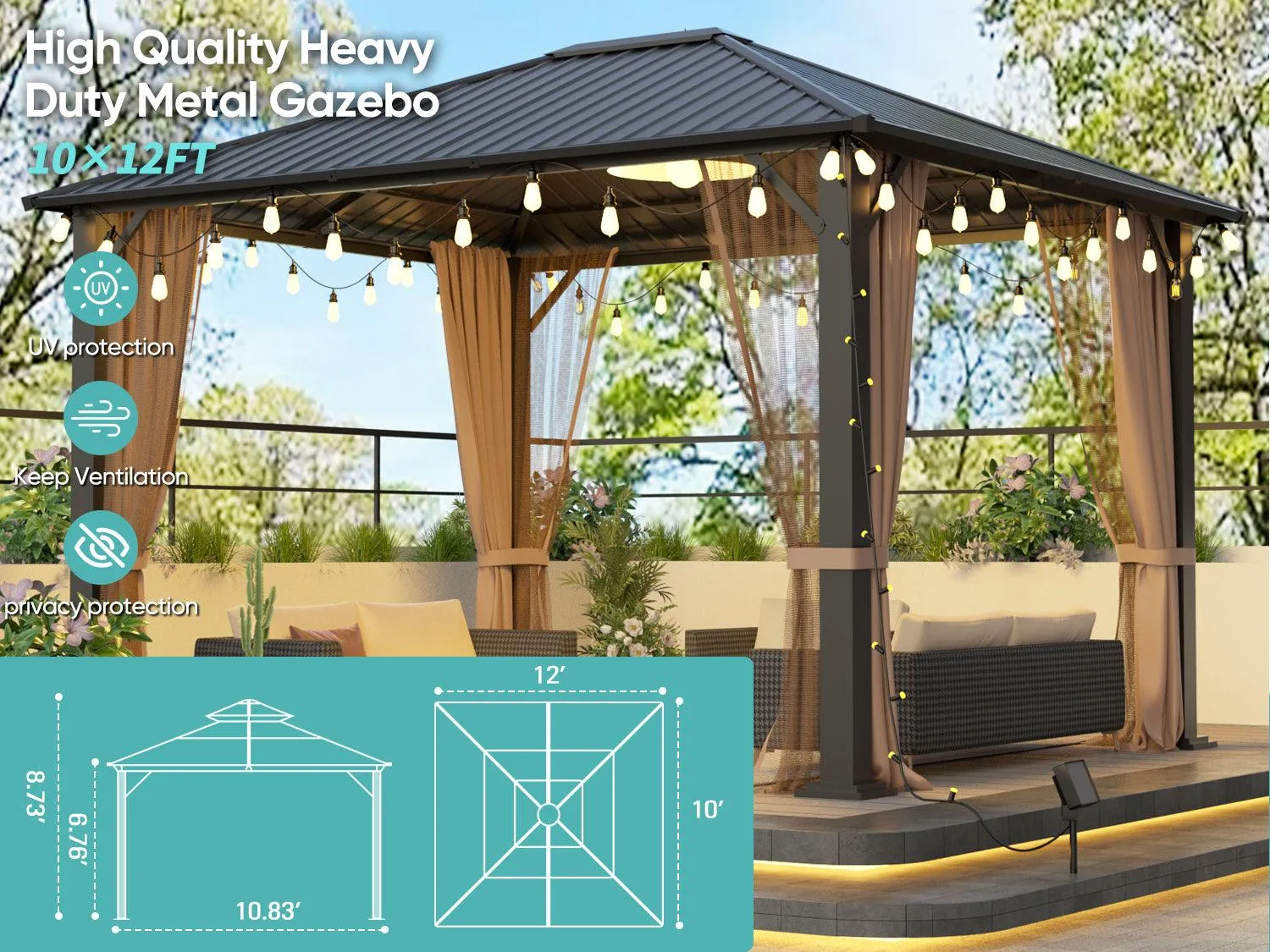 10x12 Hardtop Metal Gazebo,Heavy Duty Pergola with Mosquito Nets&Galvanized Steel,Sturdy Outdoor Canopies Tent