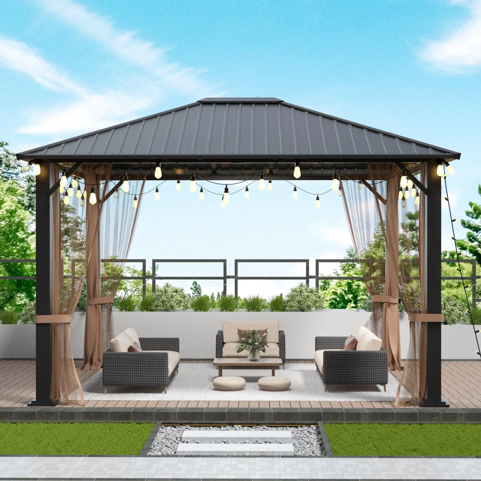 10x12 Hardtop Metal Gazebo,Heavy Duty Pergola with Mosquito Nets&Galvanized Steel,Sturdy Outdoor Canopies Tent