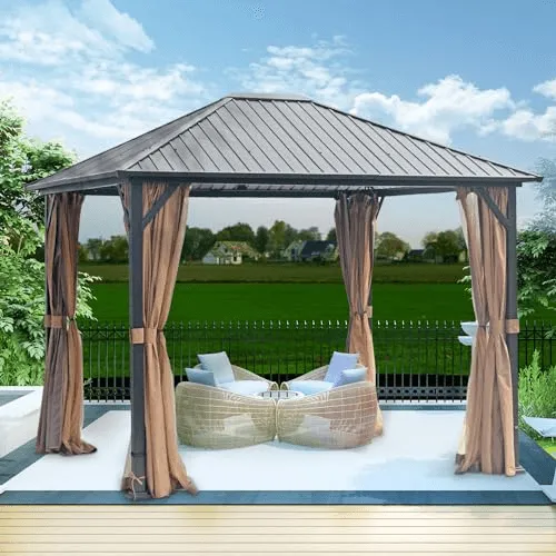 10x12 Hardtop Metal Gazebo,Heavy Duty Pergola with Mosquito Nets&Galvanized Steel,Sturdy Outdoor Canopies Tent