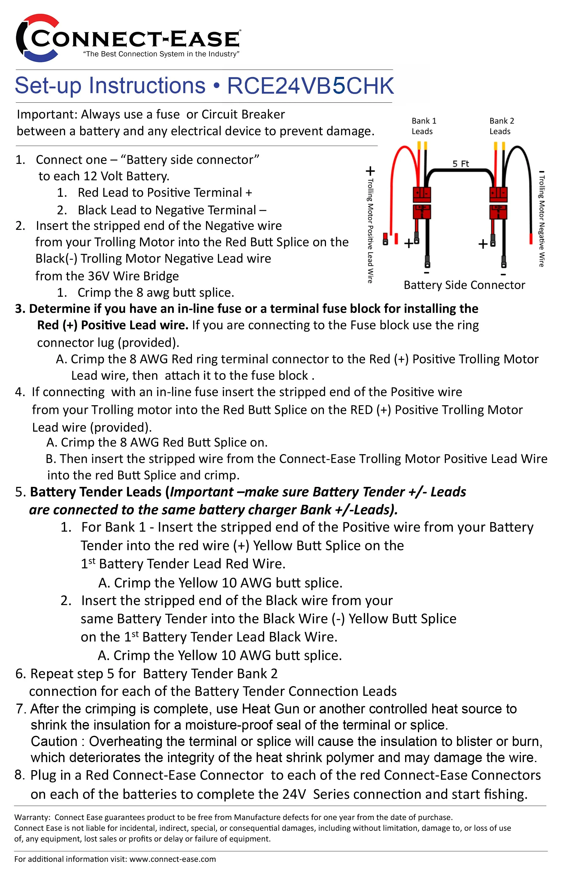 24 Volt Trolling Motor Connection  5' Extension for Separated Battery Compartments (RCE24VB5CHK) Lithium Compatible