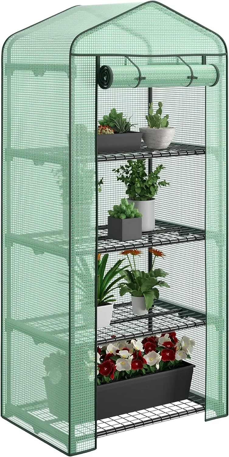 4 Tier Mini Greenhouse Indoor Outdoor with PE Cover and Roll-Up Zipper Door, Portable Greenhouse Tent Grow Seeds & Seedlings, 27x19x63-Inch