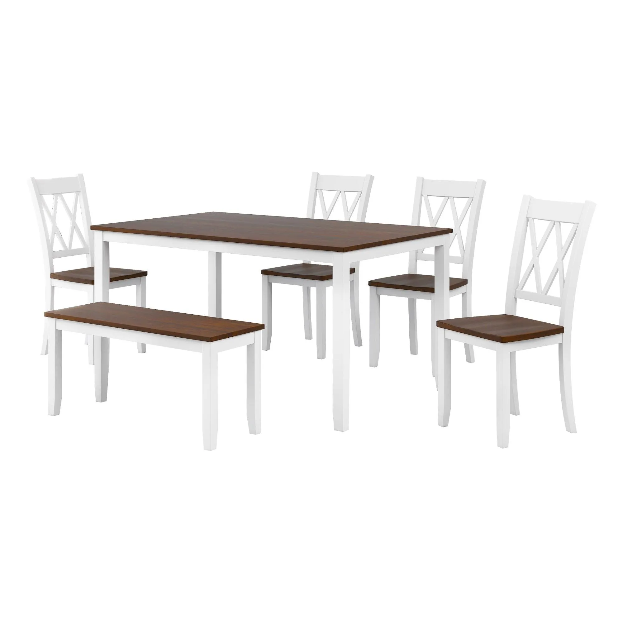 6-Piece Farmhouse Rustic Dining Set, Wooden Table with Cross-Back Chairs & Bench