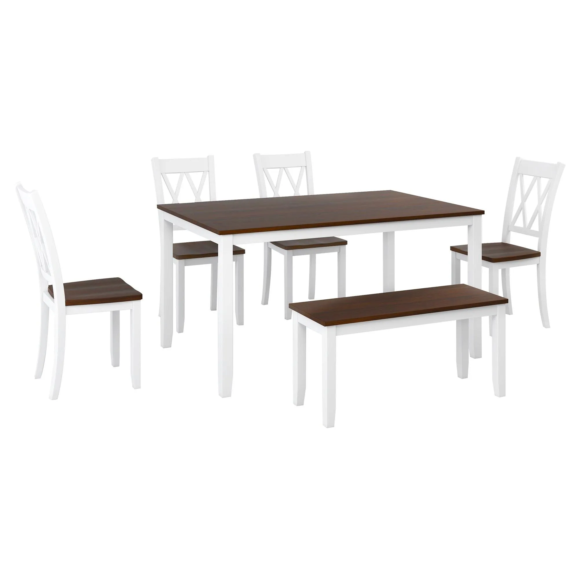 6-Piece Farmhouse Rustic Dining Set, Wooden Table with Cross-Back Chairs & Bench