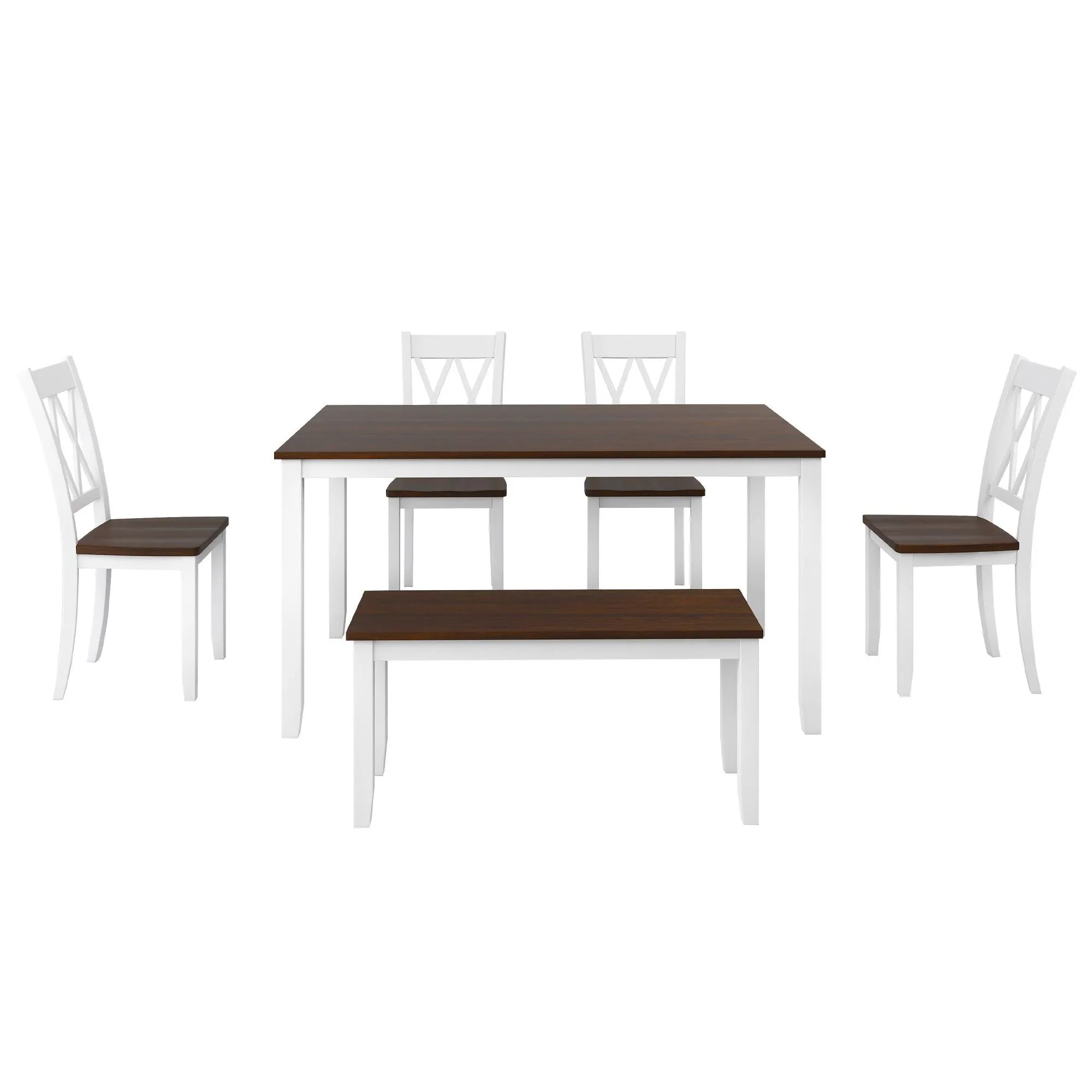 6-Piece Farmhouse Rustic Dining Set, Wooden Table with Cross-Back Chairs & Bench