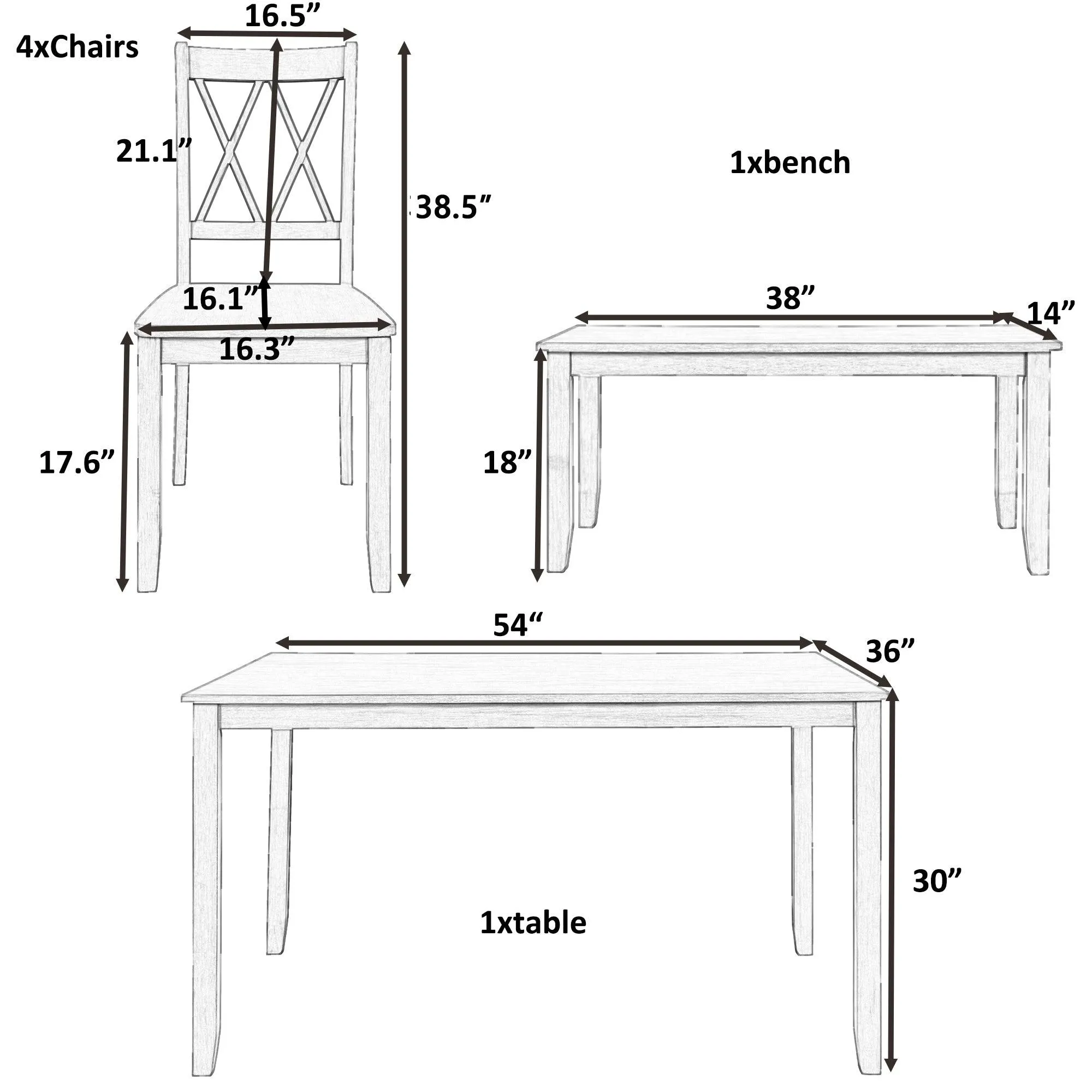 6-Piece Farmhouse Rustic Dining Set, Wooden Table with Cross-Back Chairs & Bench