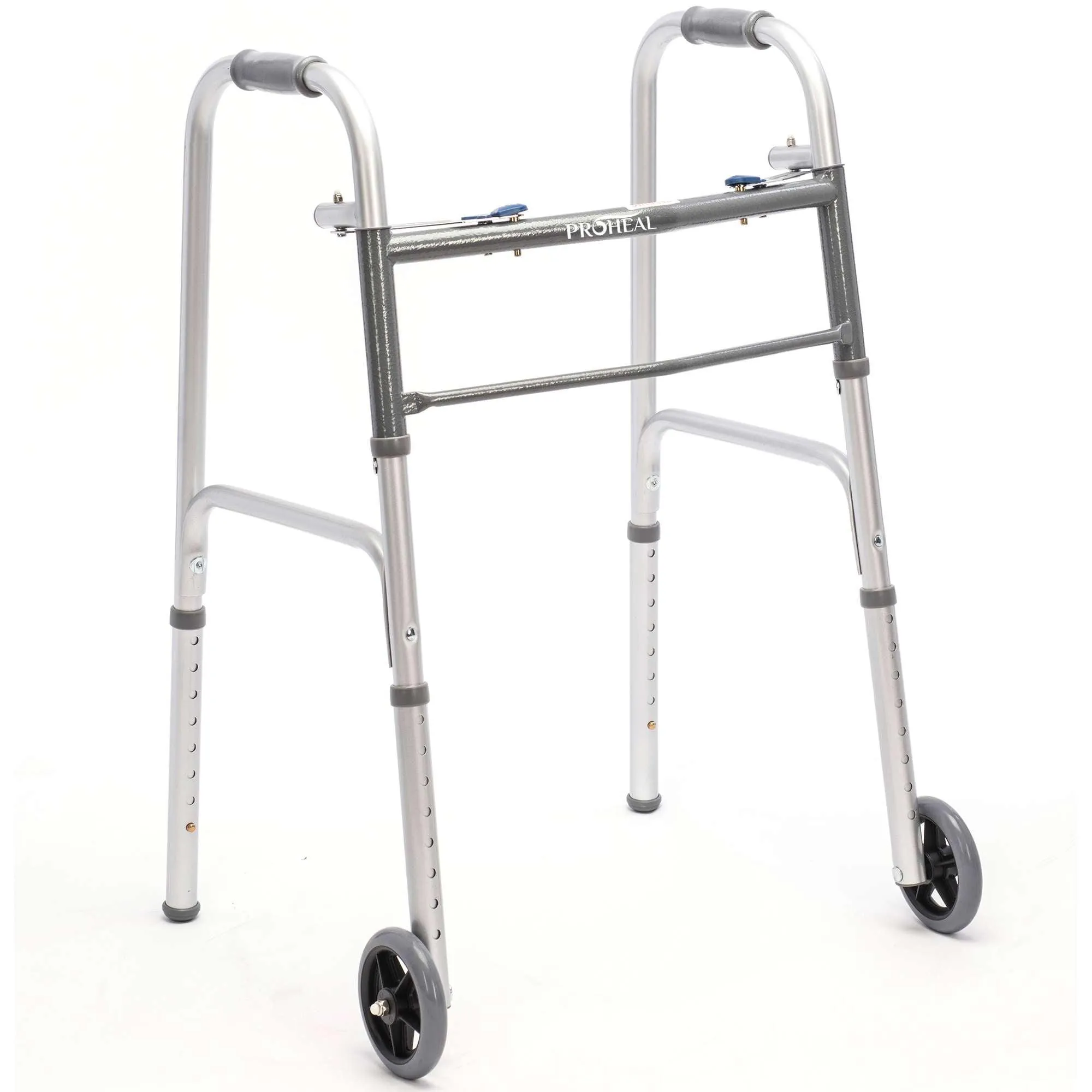 Bariatric Silver Folding Steel Walker with Wheels - 500 lbs Capacity