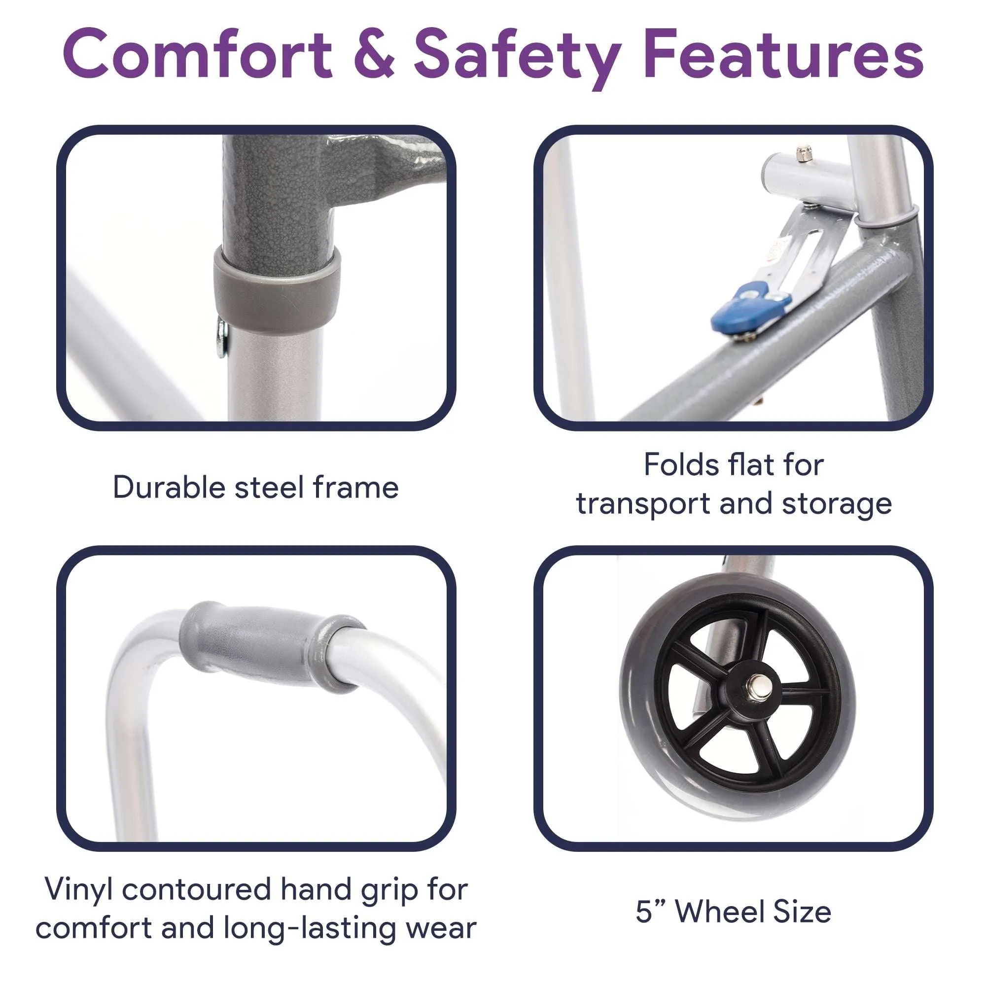 Bariatric Silver Folding Steel Walker with Wheels - 500 lbs Capacity