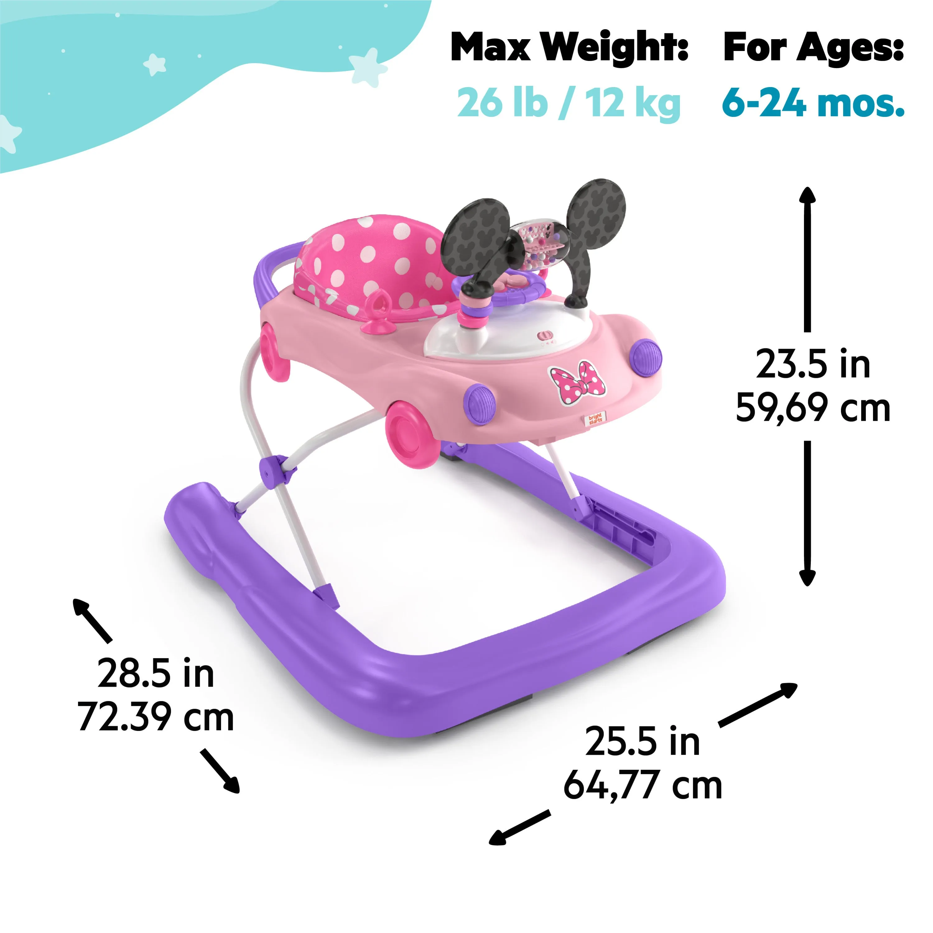 Bright Starts Disney Baby MINNIE MOUSE Go, Go Bows 3-in-1 Car Walker, Pink