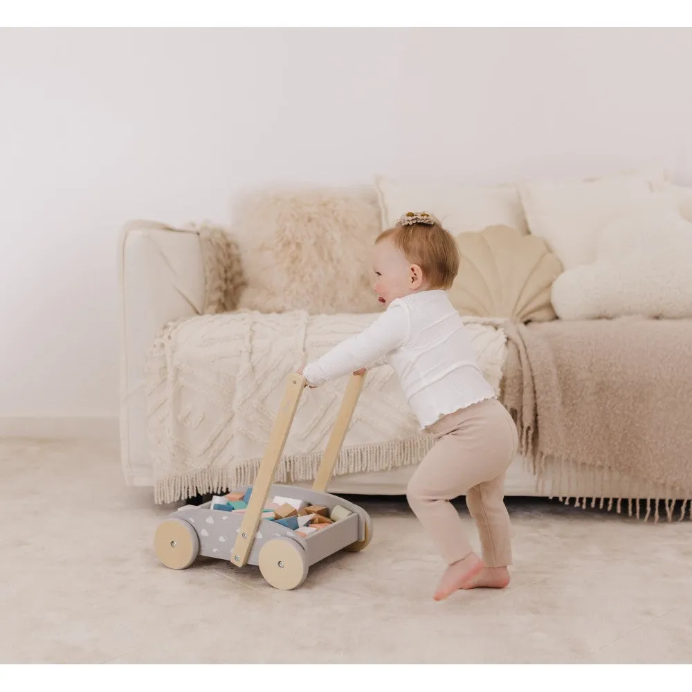 Bubble Wooden Baby Push Cart & Walker with 45 Building Blocks