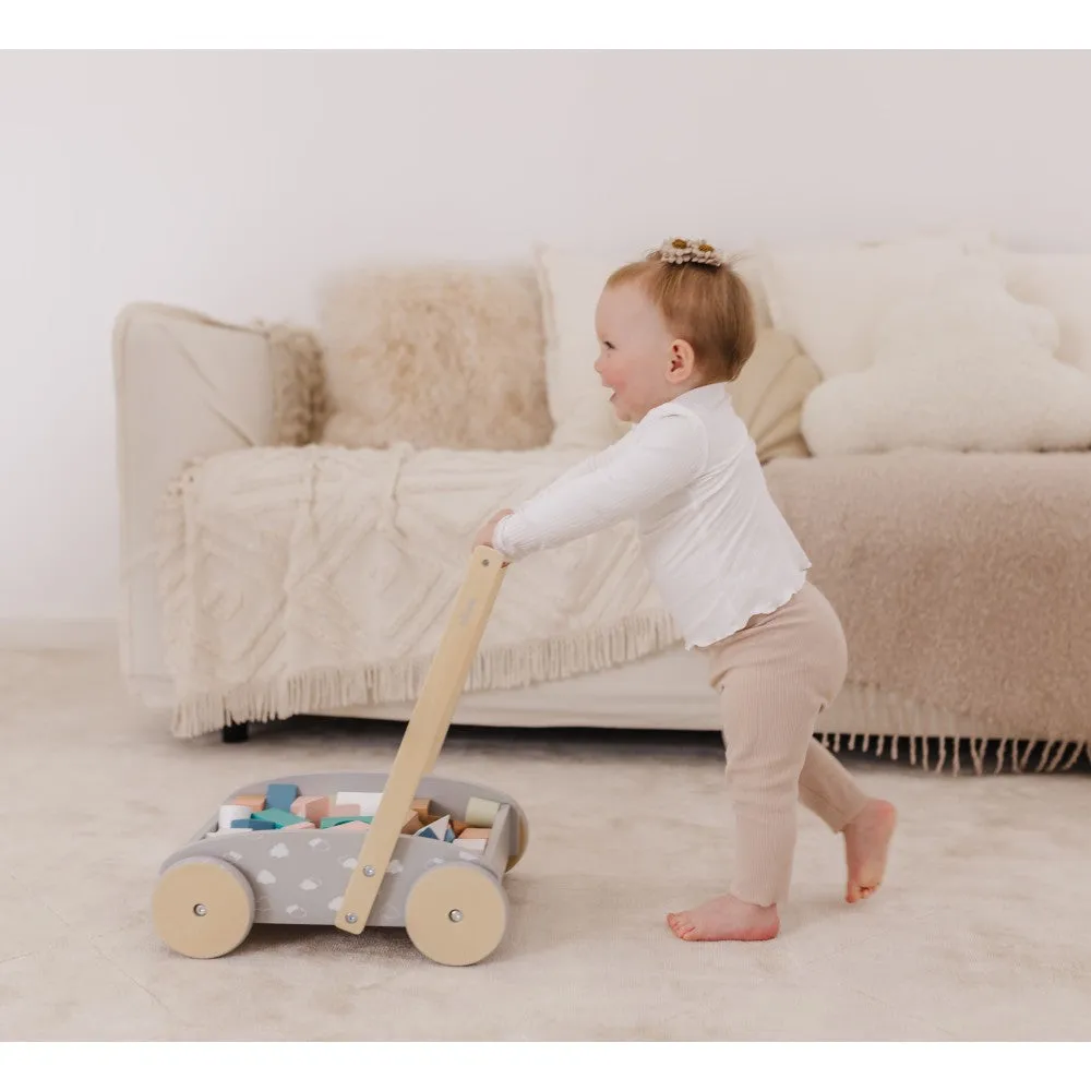 Bubble Wooden Baby Push Cart & Walker with 45 Building Blocks