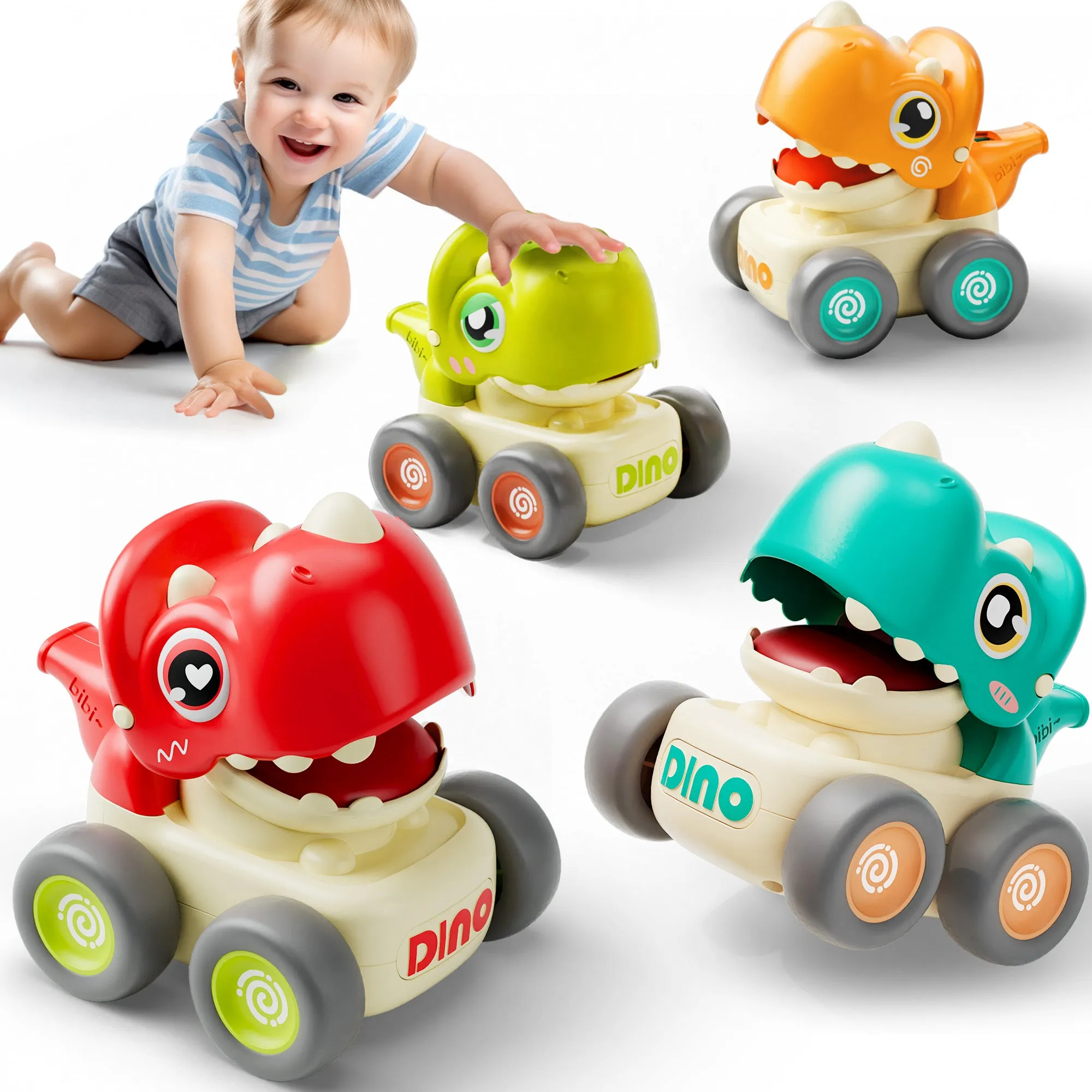 Dinosaur Vehicle Car Toys for Toddlers 1-3, Baby Dino Press Go Whistle Cars