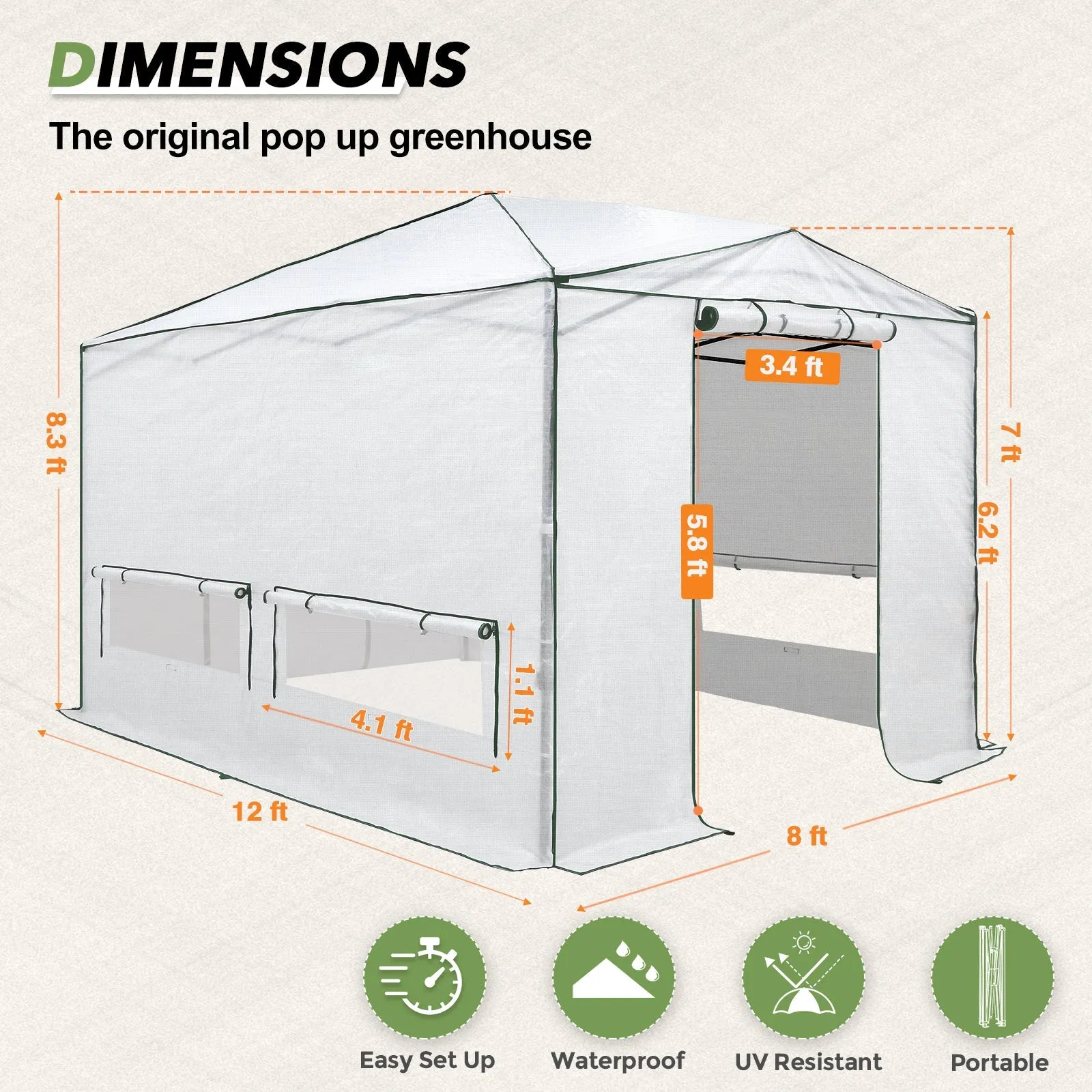 EAGLE PEAK 12x8 Portable Large Walk-in Instant Greenhouse with Support Pole