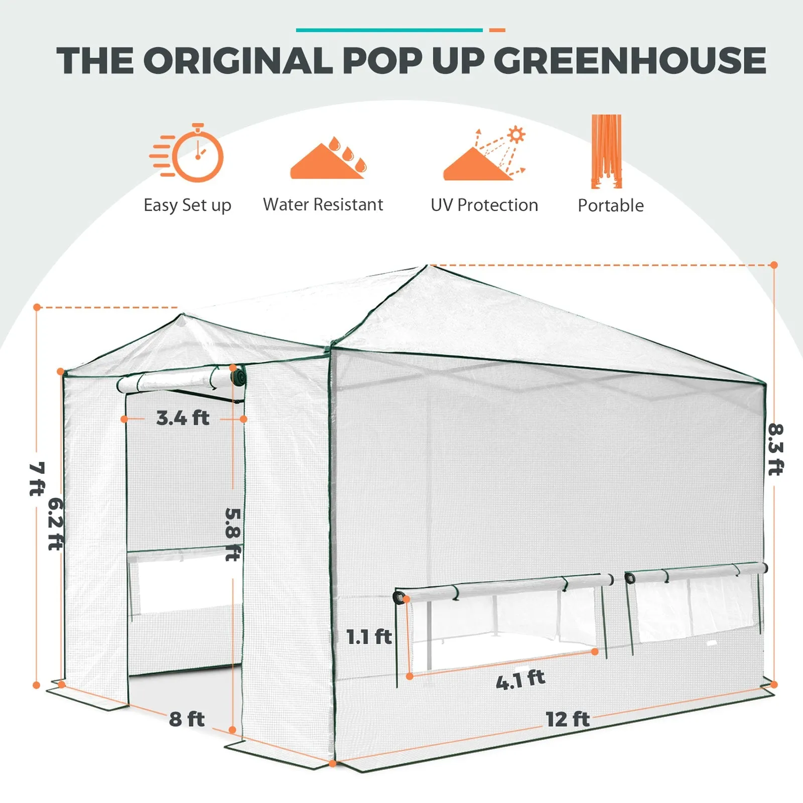 EAGLE PEAK 12x8 Portable Large Walk-in Instant Greenhouse with Support Pole