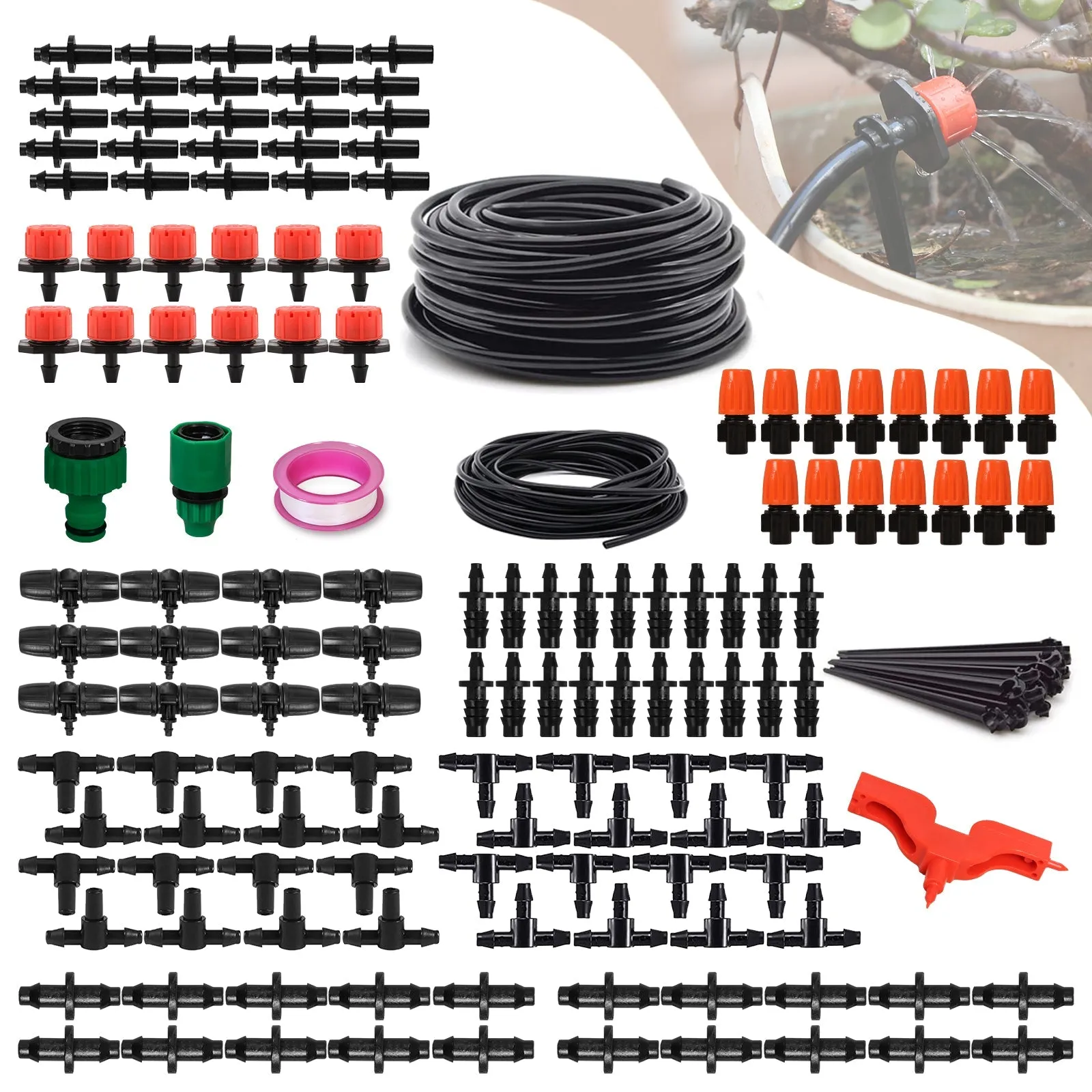 EAGLE PEAK 131 ft Automatic Drip Irrigation Kits DIY, 1/4" Distribution Tubing Hose Adjustable Nozzle for Lawn, Greenhouse, Raised Bed, Patio