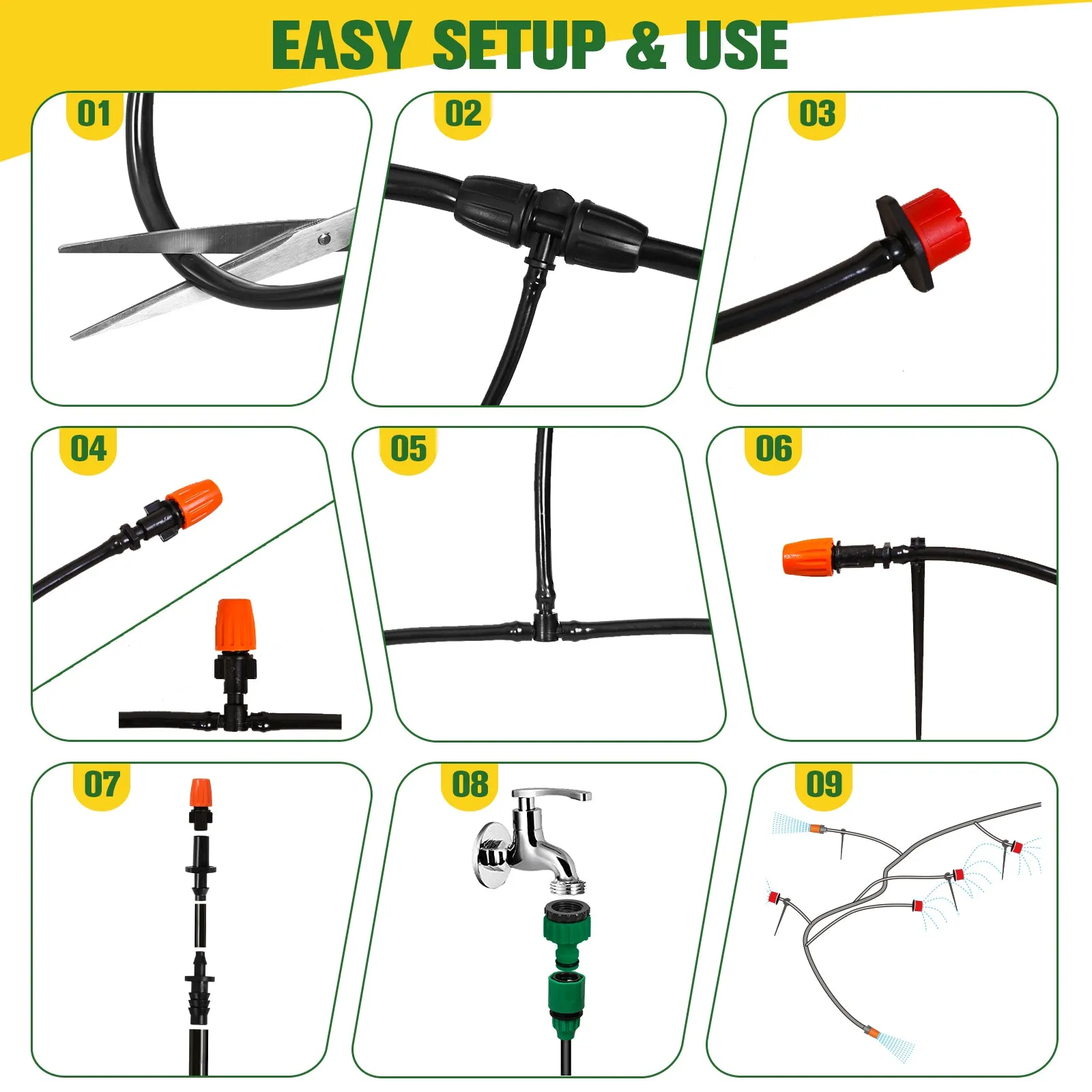 EAGLE PEAK 131 ft Automatic Drip Irrigation Kits DIY, 1/4" Distribution Tubing Hose Adjustable Nozzle for Lawn, Greenhouse, Raised Bed, Patio