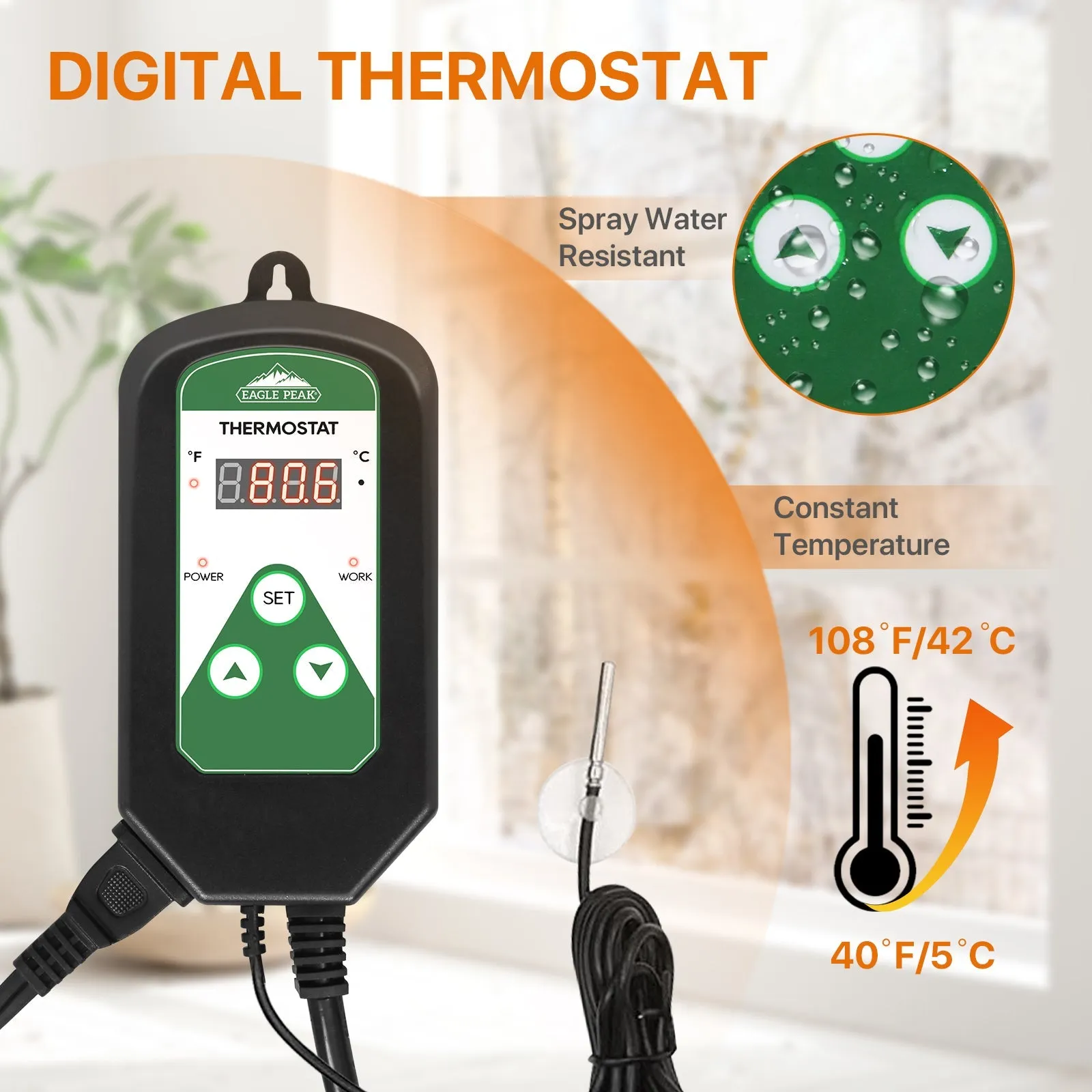 EAGLE PEAK Greenhouse Heater Fan with Digital Thermostat Controller for Greenhouse, Grow Tent, Garage, Spray Water Resistant IPX 4, Overheat Protection, Fast Heating, Black