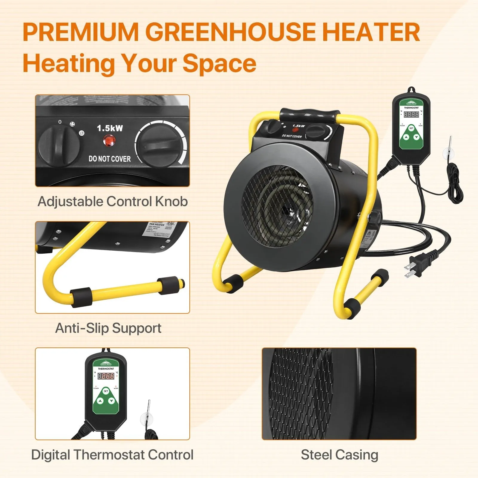 EAGLE PEAK Greenhouse Heater Fan with Digital Thermostat Controller for Greenhouse, Grow Tent, Garage, Spray Water Resistant IPX 4, Overheat Protection, Fast Heating, Black