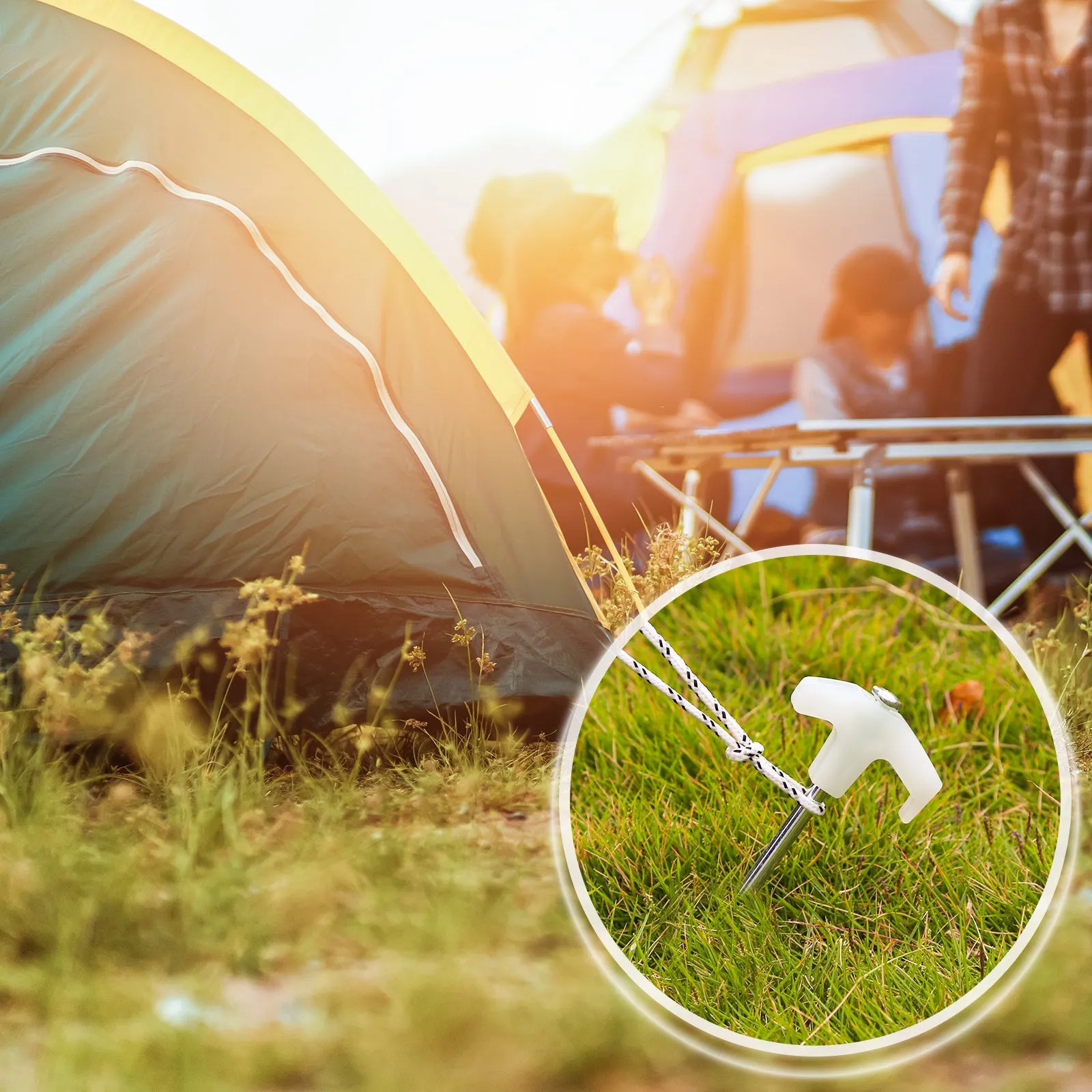 EAGLE PEAK Heavy Duty Galvanized Non-Rust Camping Tent Stakes with 4x10ft Ropes, Steel Stake Pegs for Canopy Gazebo,10pc-Pack, Fluorescent White