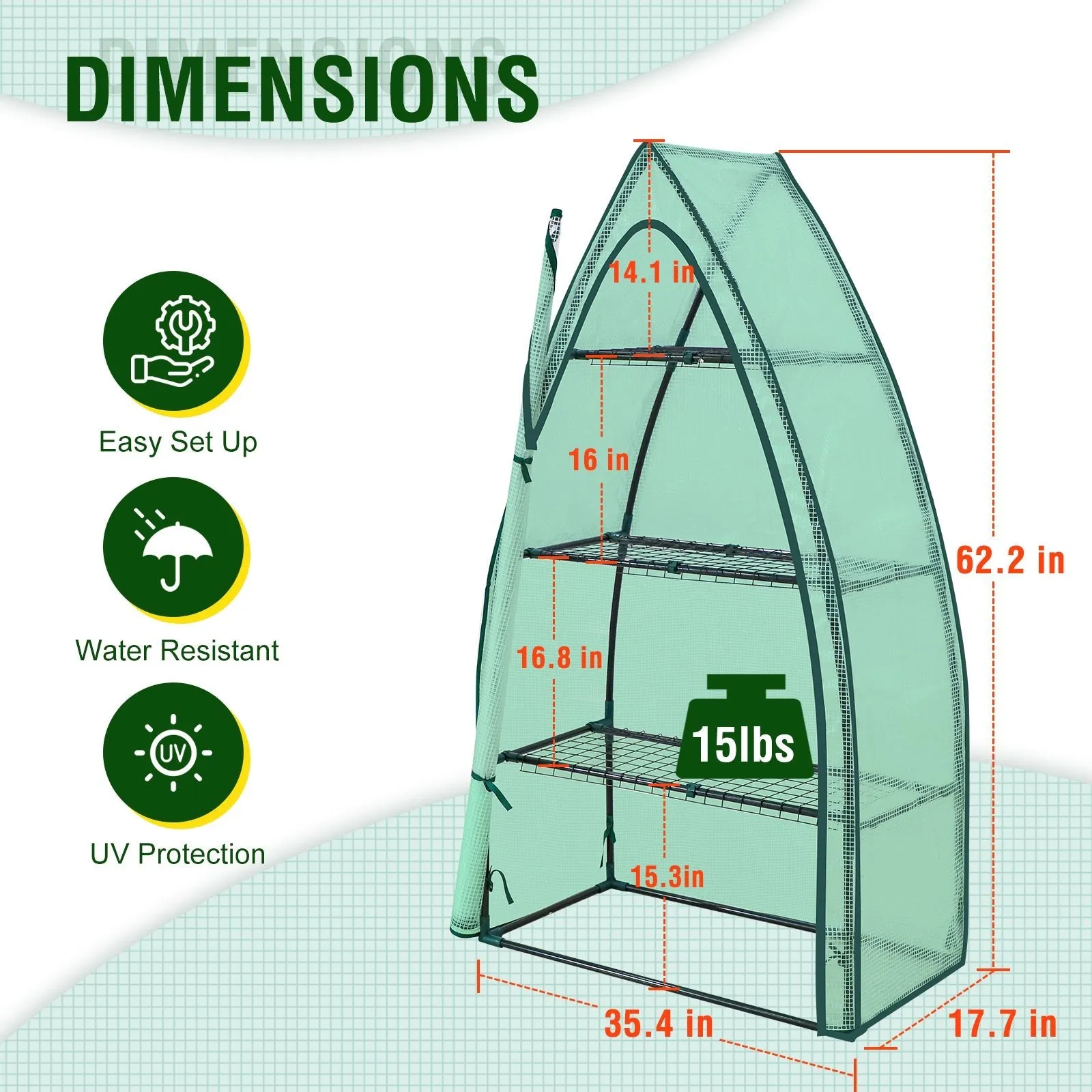 EAGLE PEAK Mini 3 Tier Greenhouse with Wire Shelves,35.4”x17.7”x63.0”