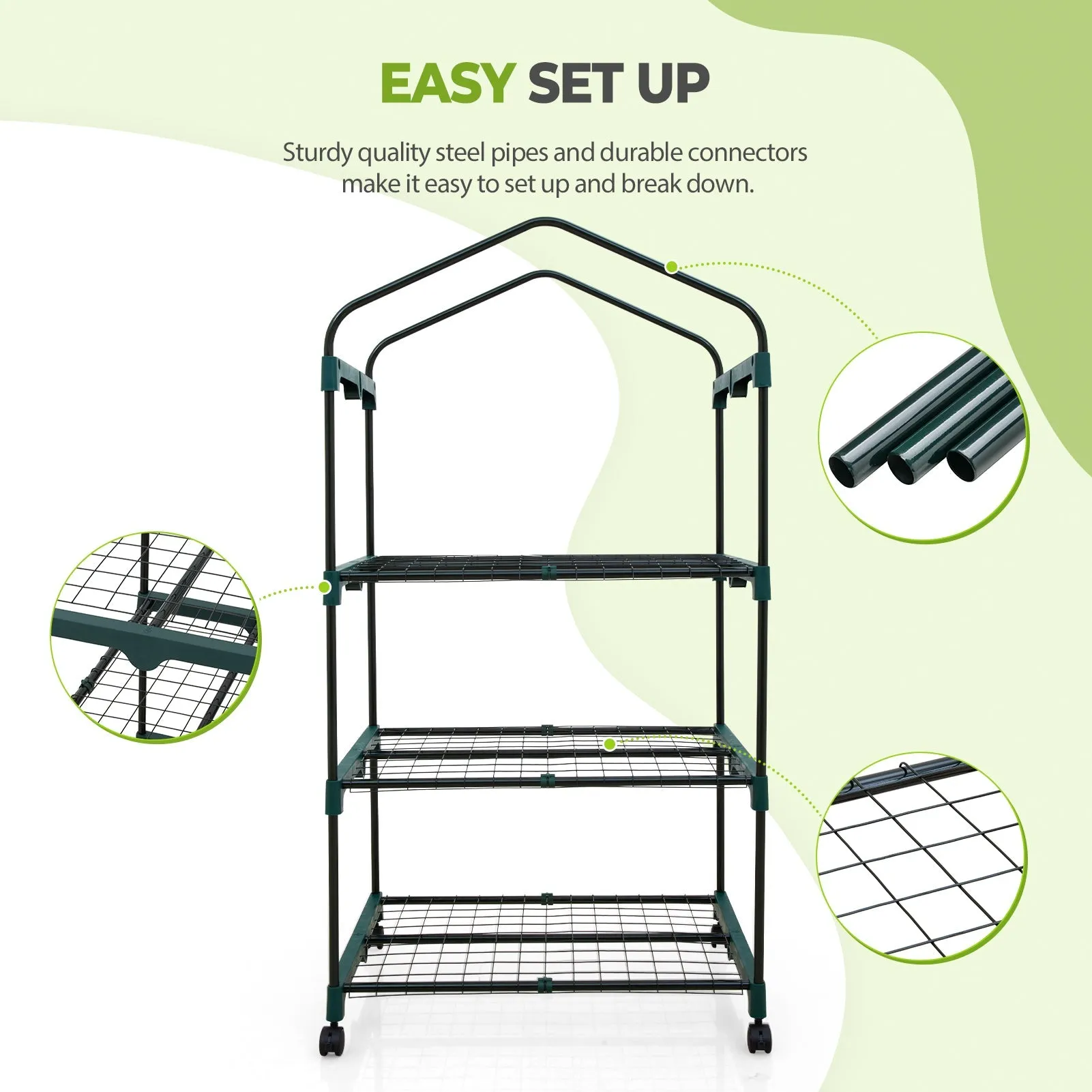 EAGLE PEAK Mini Greenhouse with Wire Shelves,3 Tier, with Wheels, 27"x19"x51"