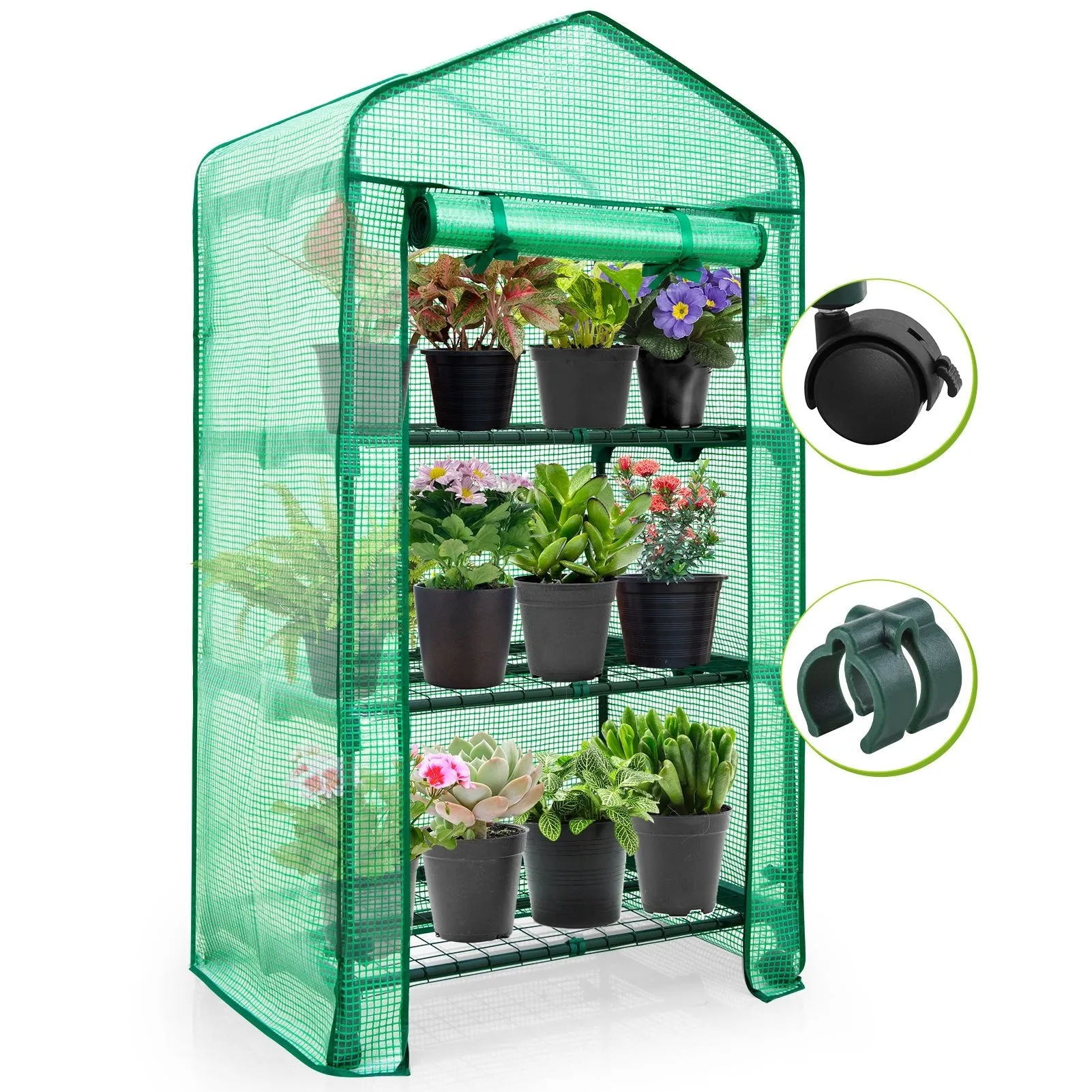 EAGLE PEAK Mini Greenhouse with Wire Shelves,3 Tier, with Wheels, 27"x19"x51"