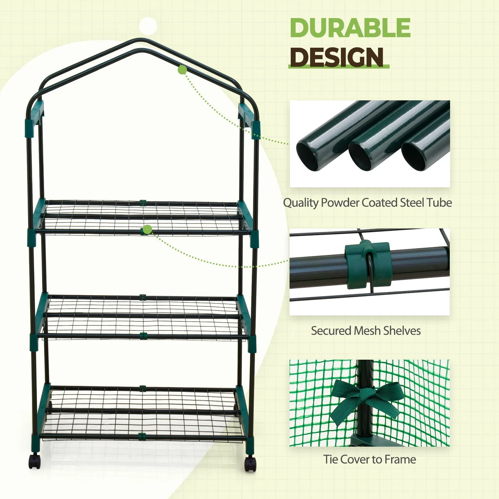 EAGLE PEAK Mini Greenhouse with Wire Shelves,3 Tier, with Wheels, 27"x19"x51"