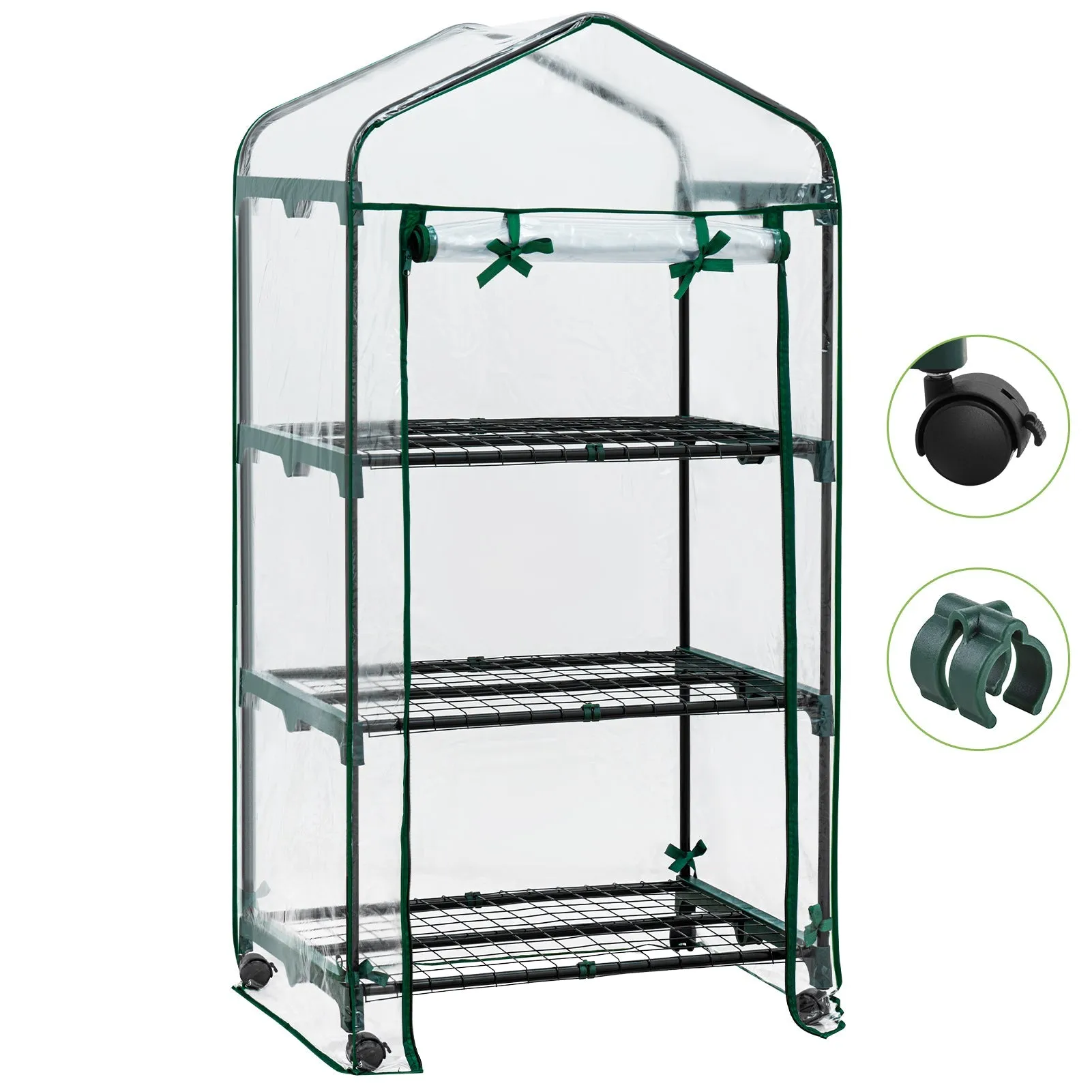 EAGLE PEAK Mini Greenhouse with Wire Shelves,3 Tier, with Wheels, 27"x19"x51"