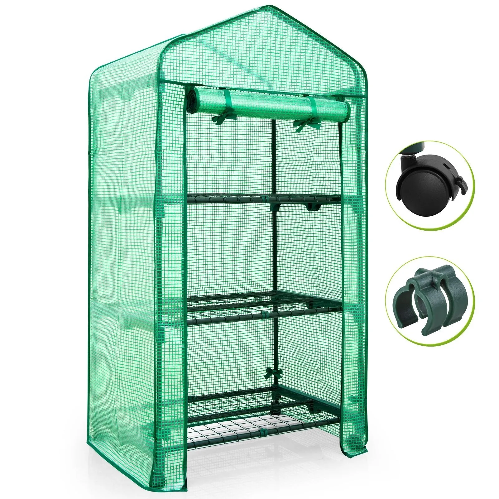 EAGLE PEAK Mini Greenhouse with Wire Shelves,3 Tier, with Wheels, 27"x19"x51"