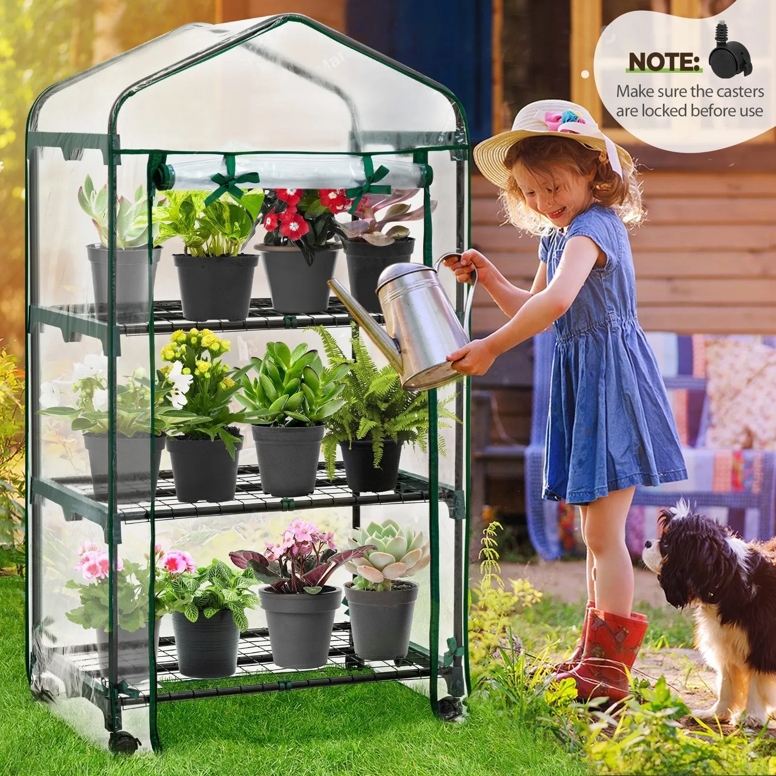 EAGLE PEAK Mini Greenhouse with Wire Shelves,3 Tier, with Wheels, 27"x19"x51"