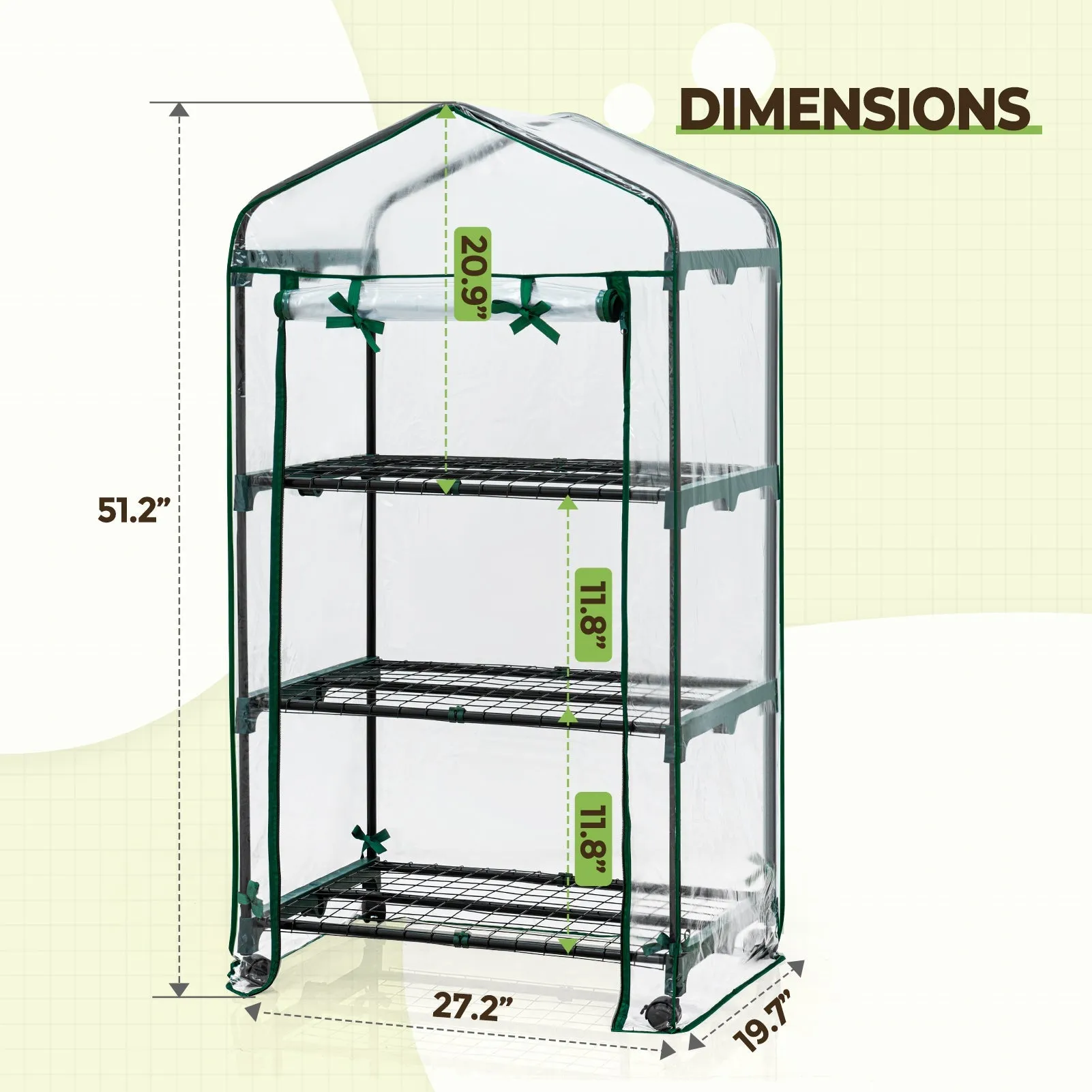 EAGLE PEAK Mini Greenhouse with Wire Shelves,3 Tier, with Wheels, 27"x19"x51"