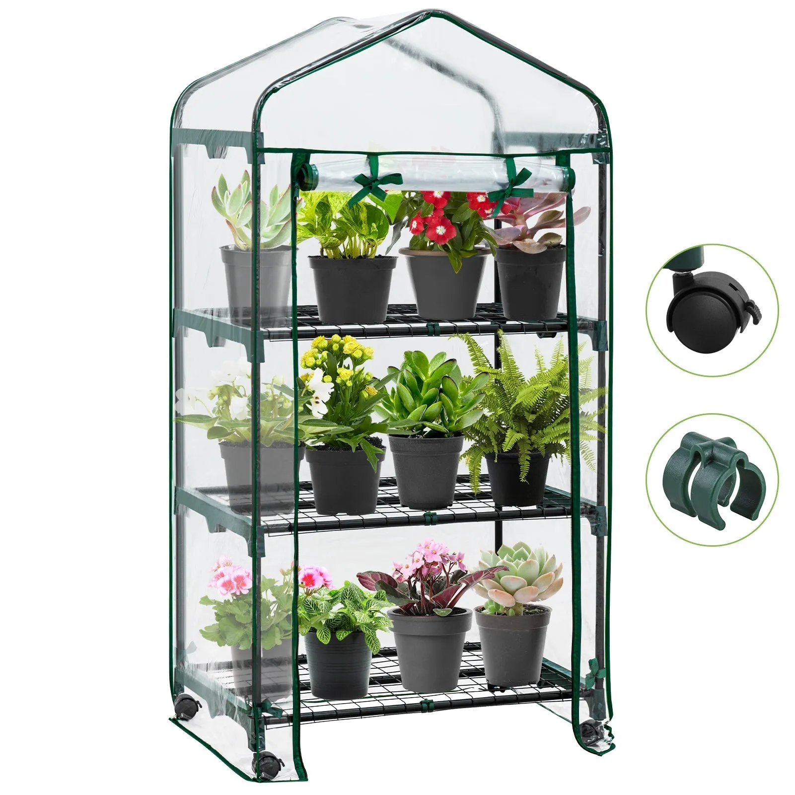 EAGLE PEAK Mini Greenhouse with Wire Shelves,3 Tier, with Wheels, 27"x19"x51"