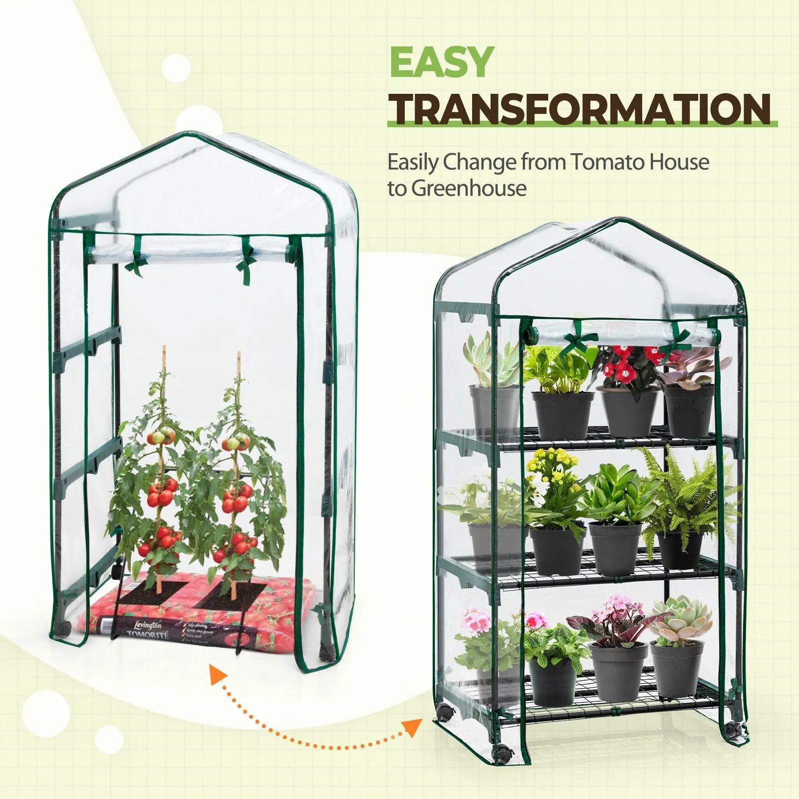 EAGLE PEAK Mini Greenhouse with Wire Shelves,3 Tier, with Wheels, 27"x19"x51"