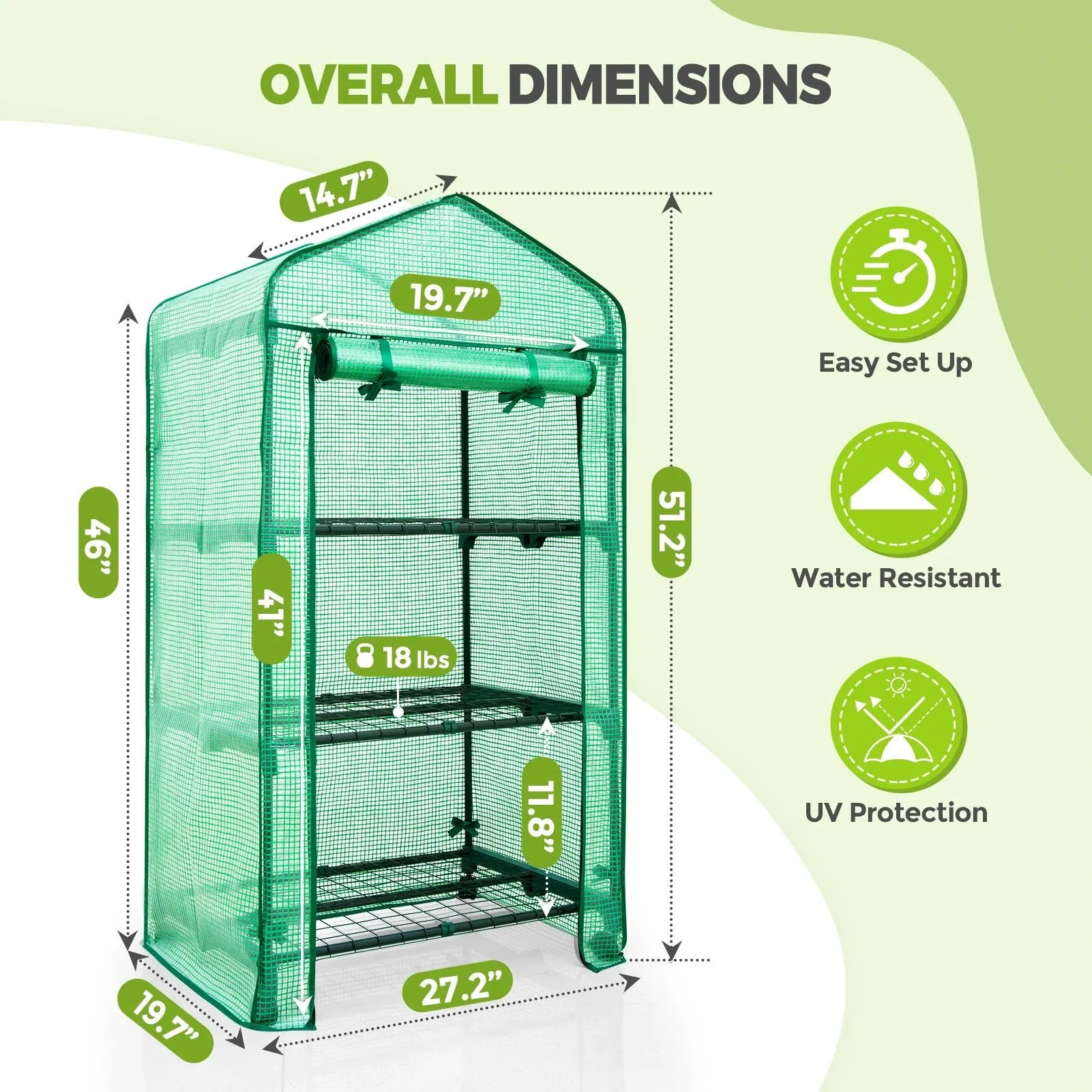 EAGLE PEAK Mini Greenhouse with Wire Shelves,3 Tier, with Wheels, 27"x19"x51"