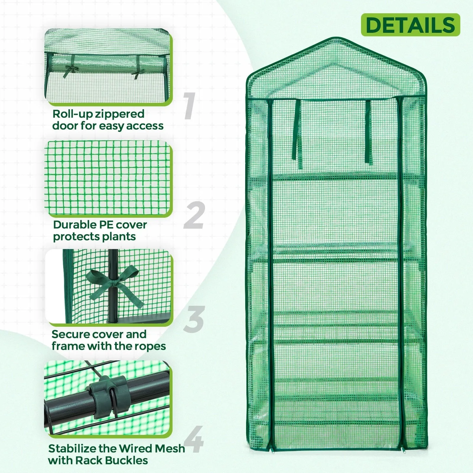 EAGLE PEAK Mini Greenhouse with Wire Shelves,4 Tier, with Wheels, 27"x19"x65"