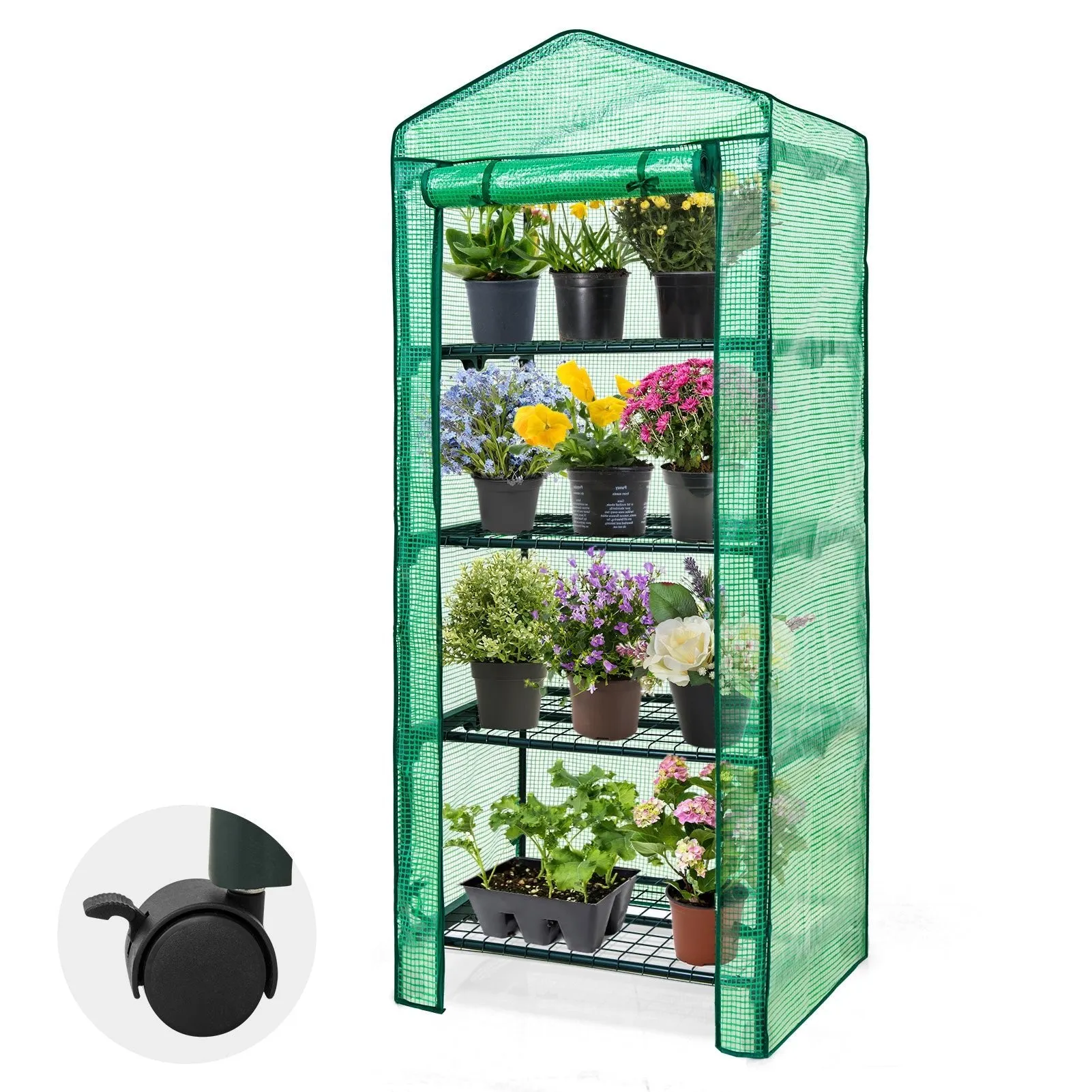 EAGLE PEAK Mini Greenhouse with Wire Shelves,4 Tier, with Wheels, 27"x19"x65"