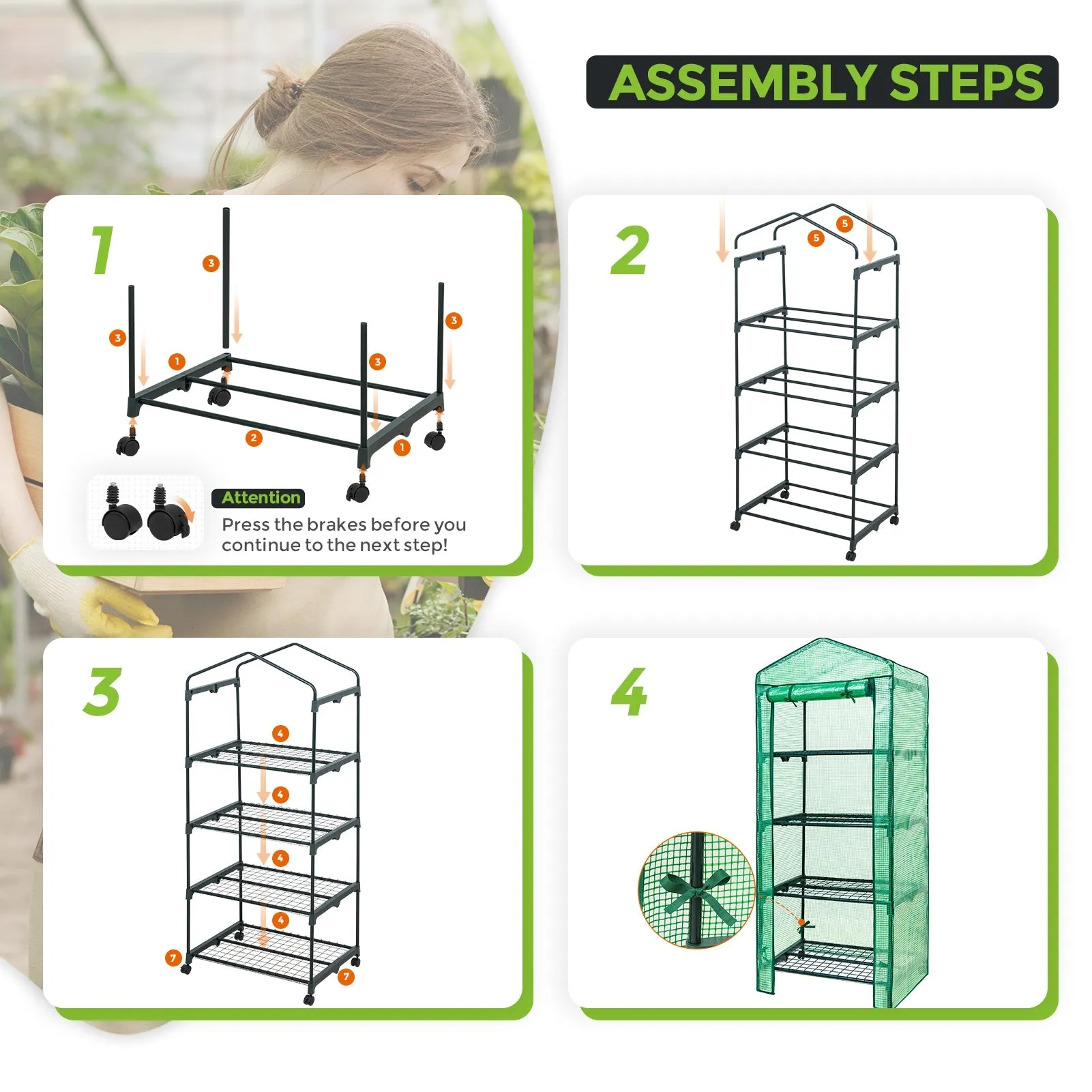 EAGLE PEAK Mini Greenhouse with Wire Shelves,4 Tier, with Wheels, 27"x19"x65"