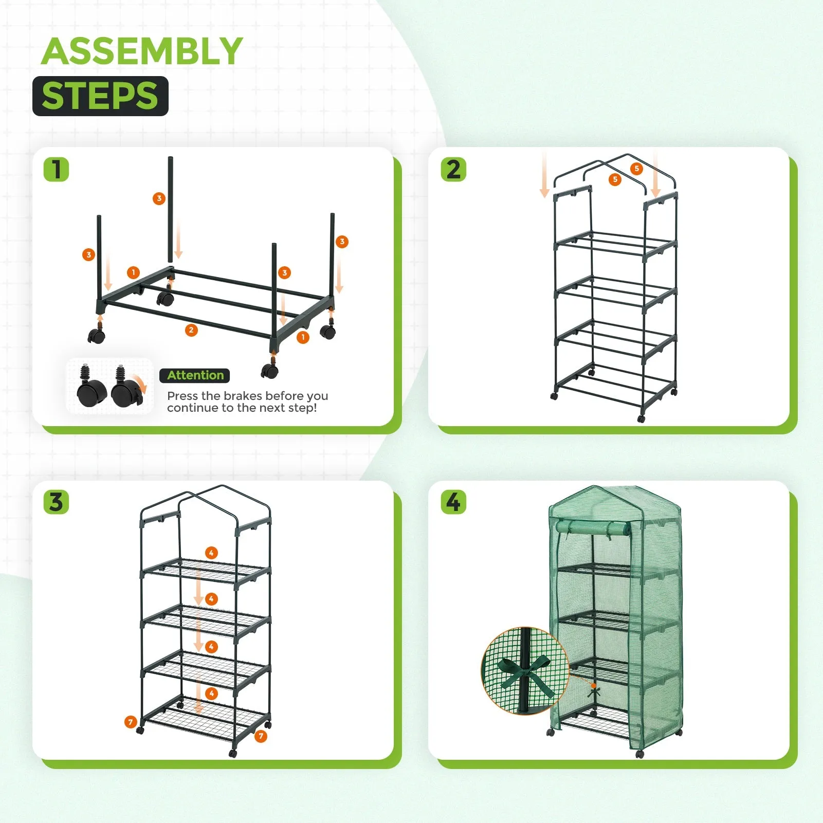 EAGLE PEAK Mini Greenhouse with Wire Shelves,4 Tier, with Wheels