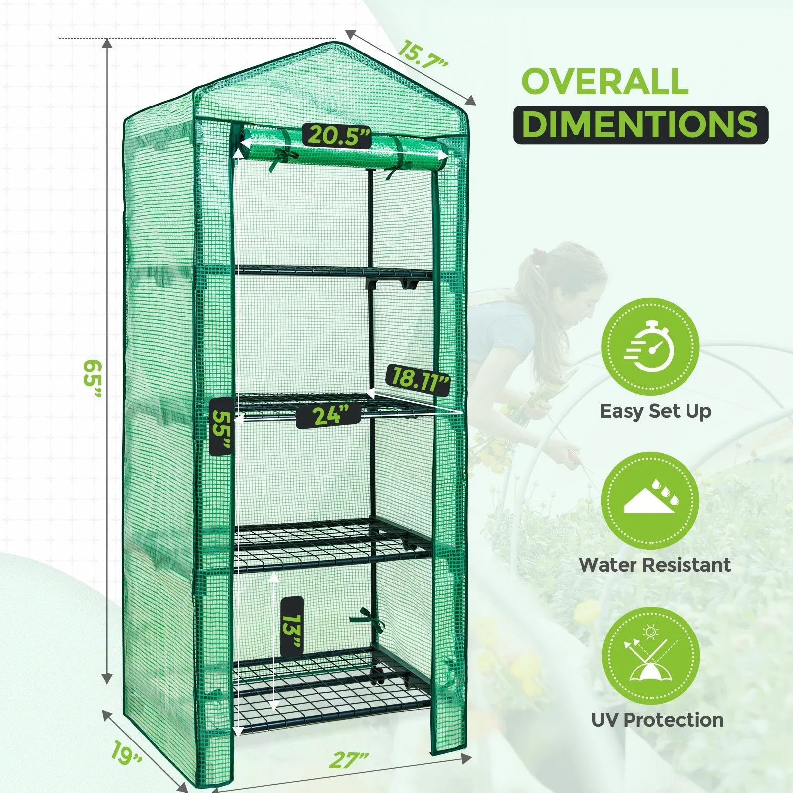 EAGLE PEAK Mini Greenhouse with Wire Shelves,4 Tier, with Wheels