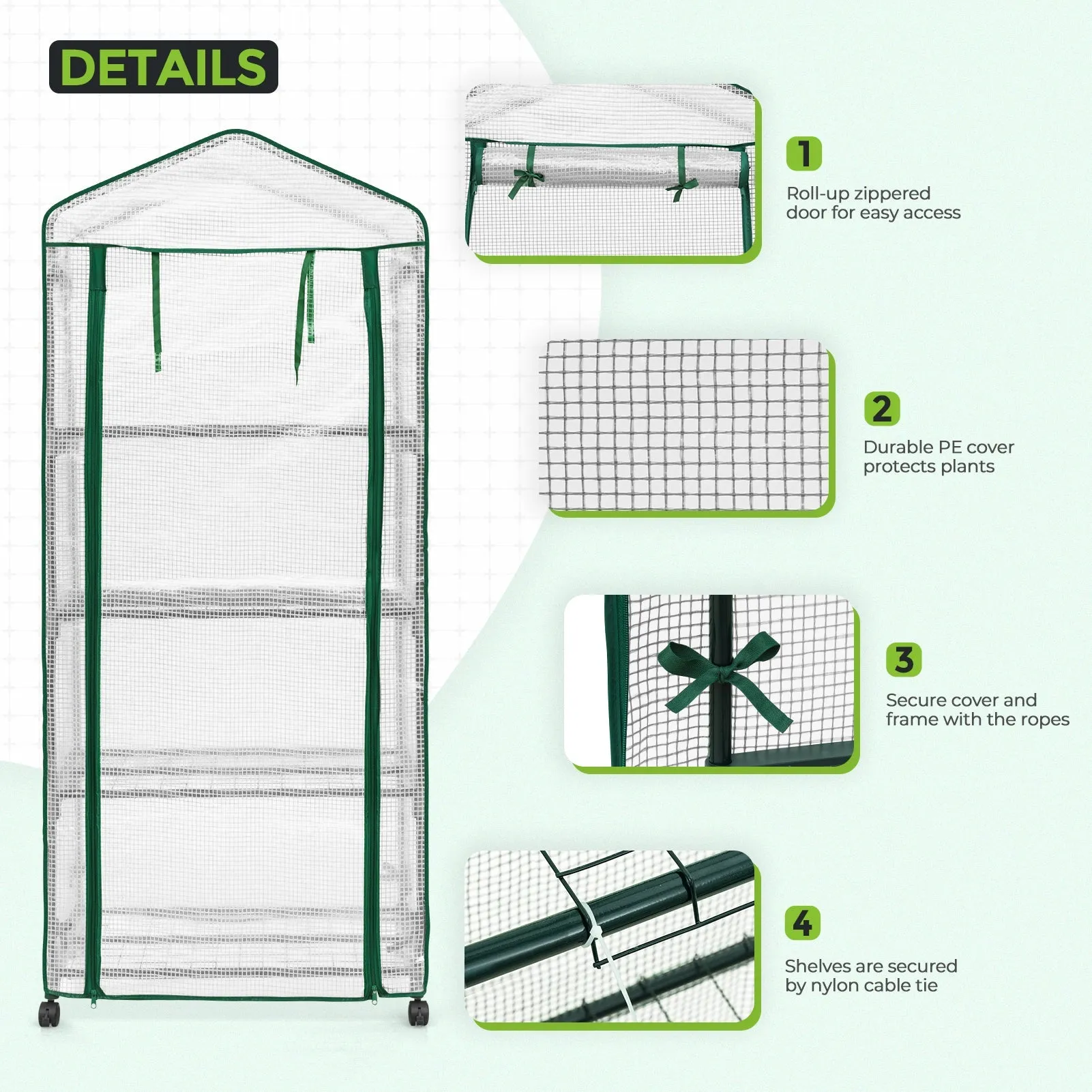 EAGLE PEAK Mini Greenhouse with Wire Shelves,4 Tier, with Wheels