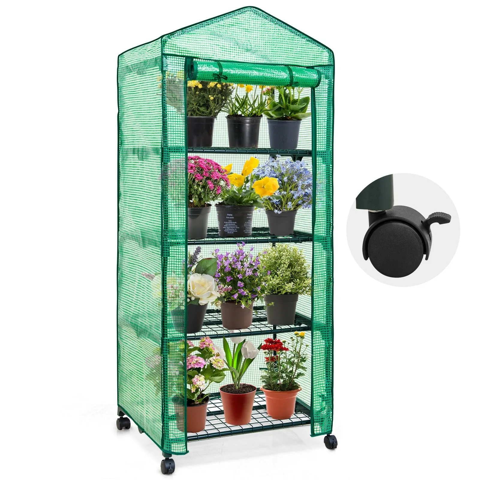 EAGLE PEAK Mini Greenhouse with Wire Shelves,4 Tier, with Wheels