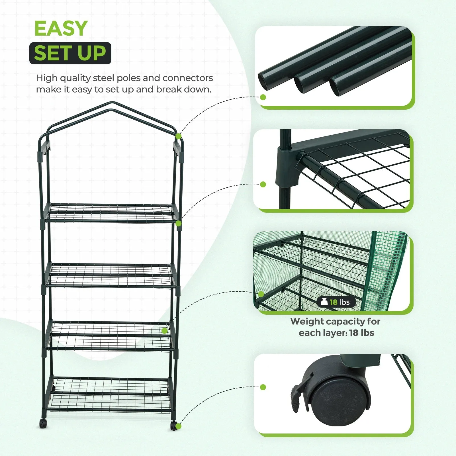 EAGLE PEAK Mini Greenhouse with Wire Shelves,4 Tier, with Wheels