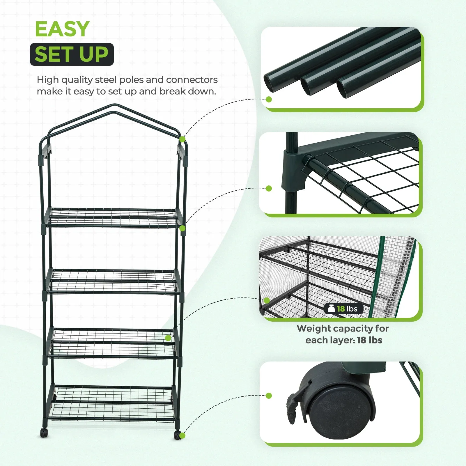 EAGLE PEAK Mini Greenhouse with Wire Shelves,4 Tier, with Wheels