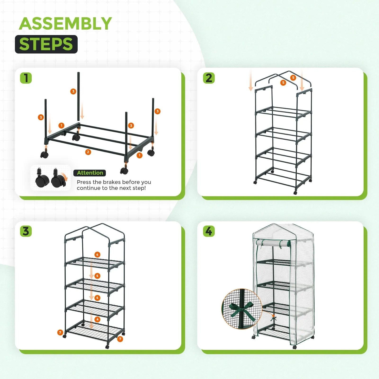 EAGLE PEAK Mini Greenhouse with Wire Shelves,4 Tier, with Wheels