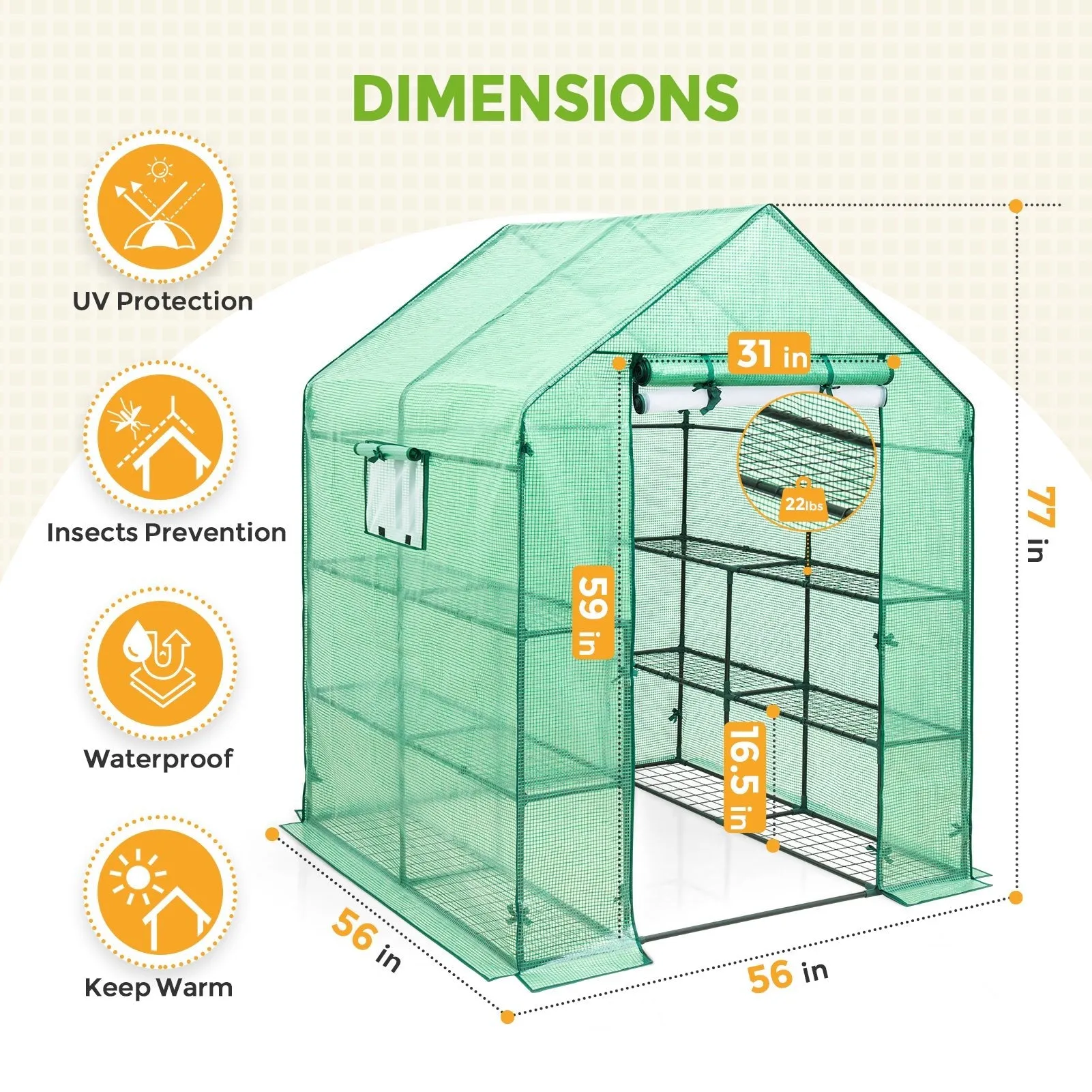 EAGLE PEAK Outdoor / Indoor Walk-in Greenhousen 57'' x 57'' x 77'', Green